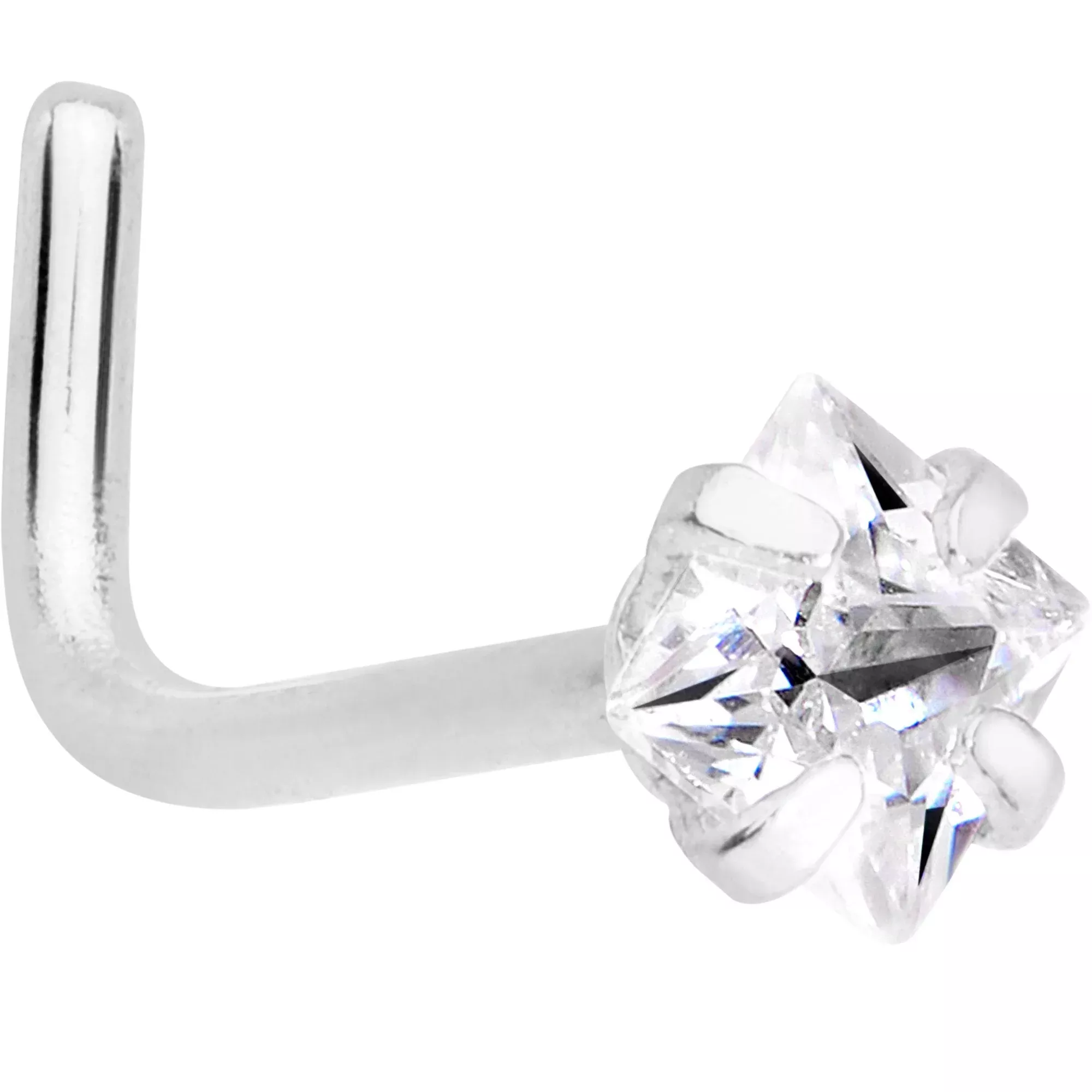 20G 1 /4 Clear Square 2.5mm CZ Gem Steel L-Shape Nose Ring