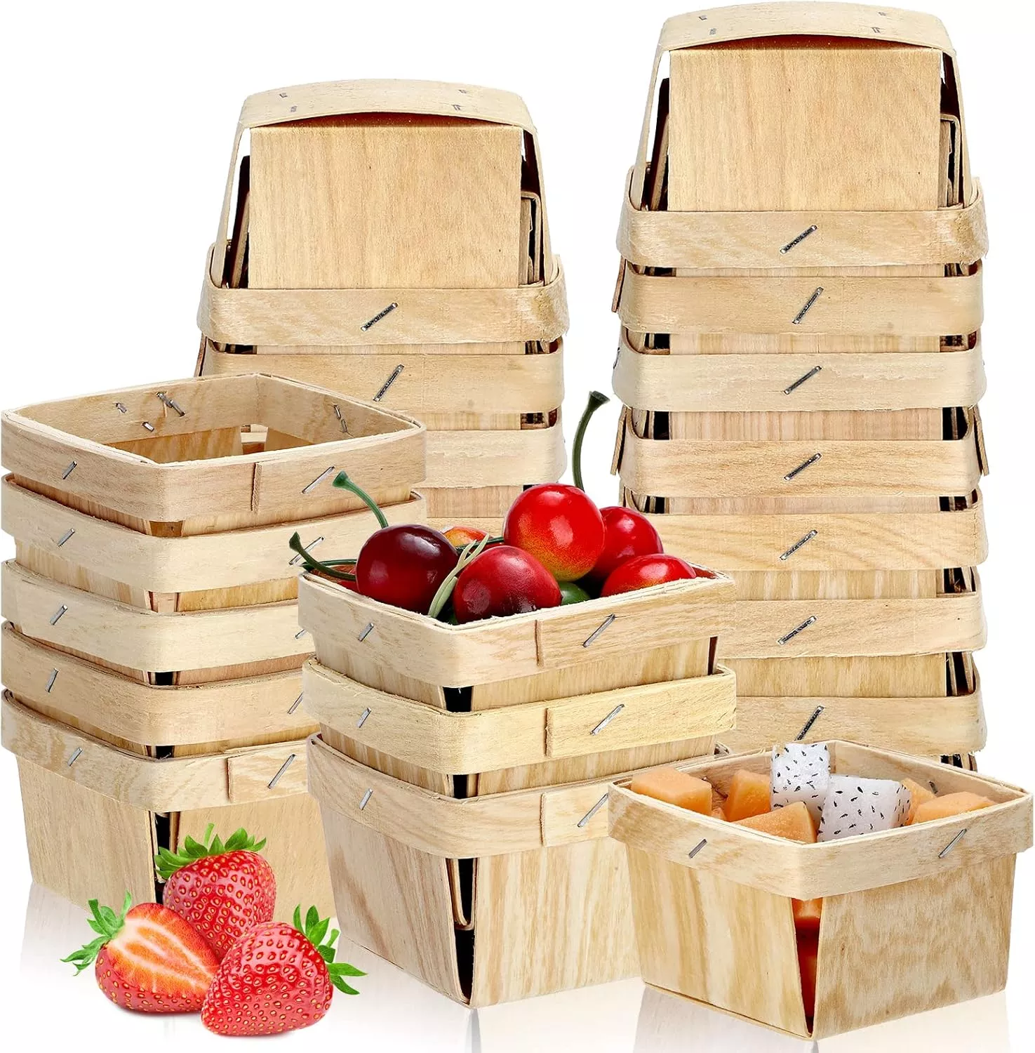 25 Mini Wooden Gift Baskets, 1 /2 Pint Vented Square Boxes for Fruit Picking 3 x 3 x 2.2 inches