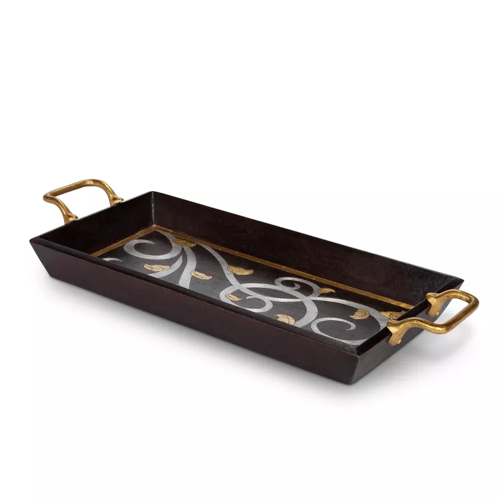 29-Inch Long Gold Leaf Rectangular Mango Wood Tray with Gold Handles - Gerson