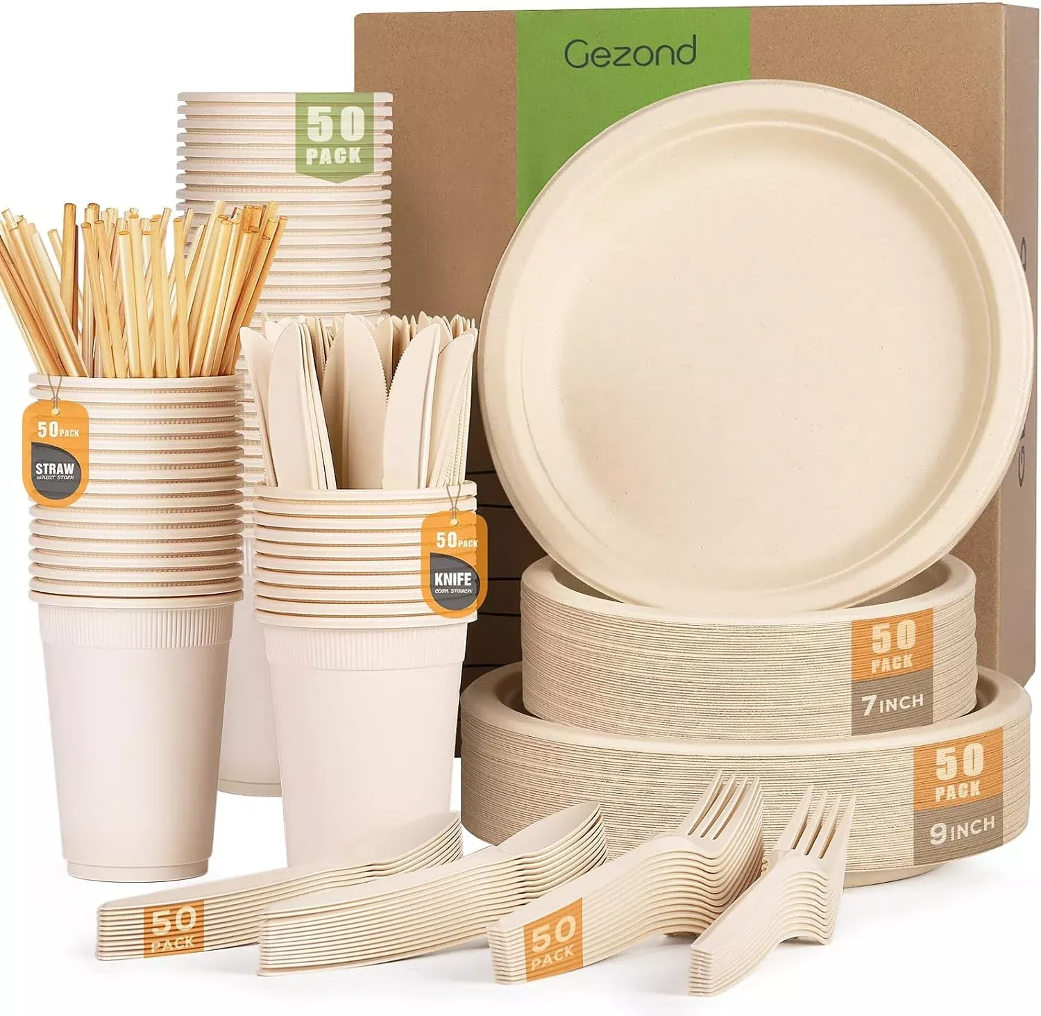 350-400 Pcs Compostable Paper Plates Set, Eco-friendly Heavy-duty Disposable Cutlery, Biodegradable Forks, Knives, Spoons, Cups and Straws