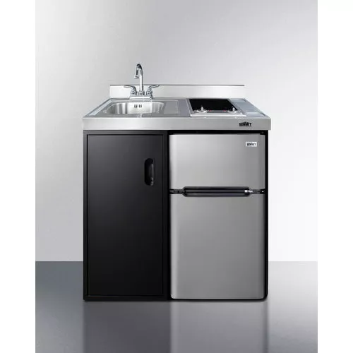 36'' Wide All-In-One Kitchenette With 2-Burner 115V Smooth-Top Cooktop, Refrigerator-Freezer, Sink, And Storage Cabinet - CK36ELGLASS Summit