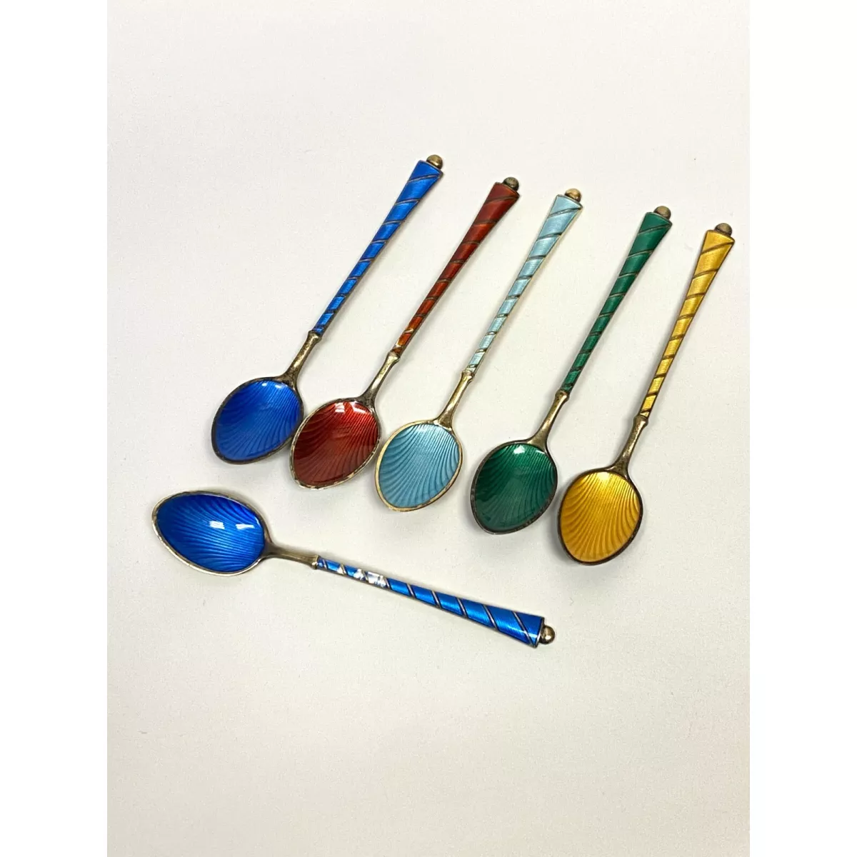 6 Demitasse Spoon Set Enamel Gilt Sterling Silver Ela Denmark