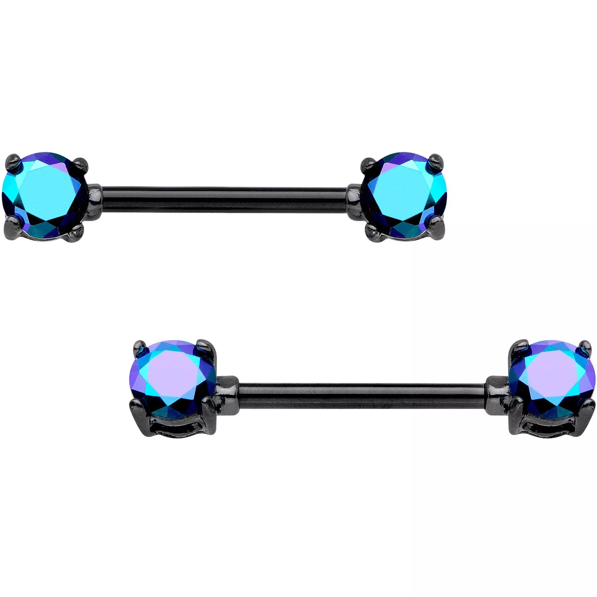 9 /16 Blue Aurora Gem Black Anodized Prong Barbell Nipple Ring Set