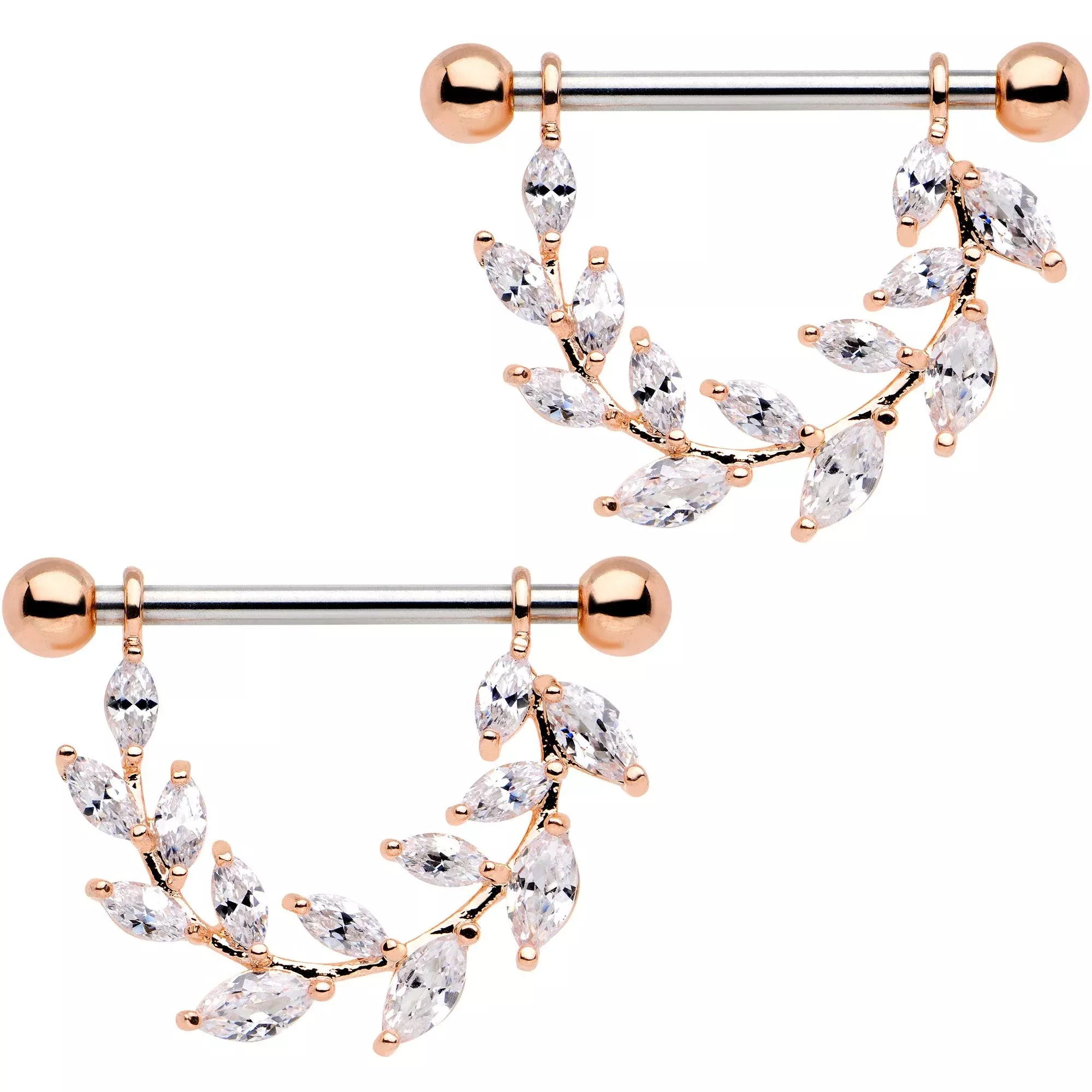 9 /16 Clear CZ Gem Rose Gold Tone Ivy Leaf Dangle Nipple Ring Set