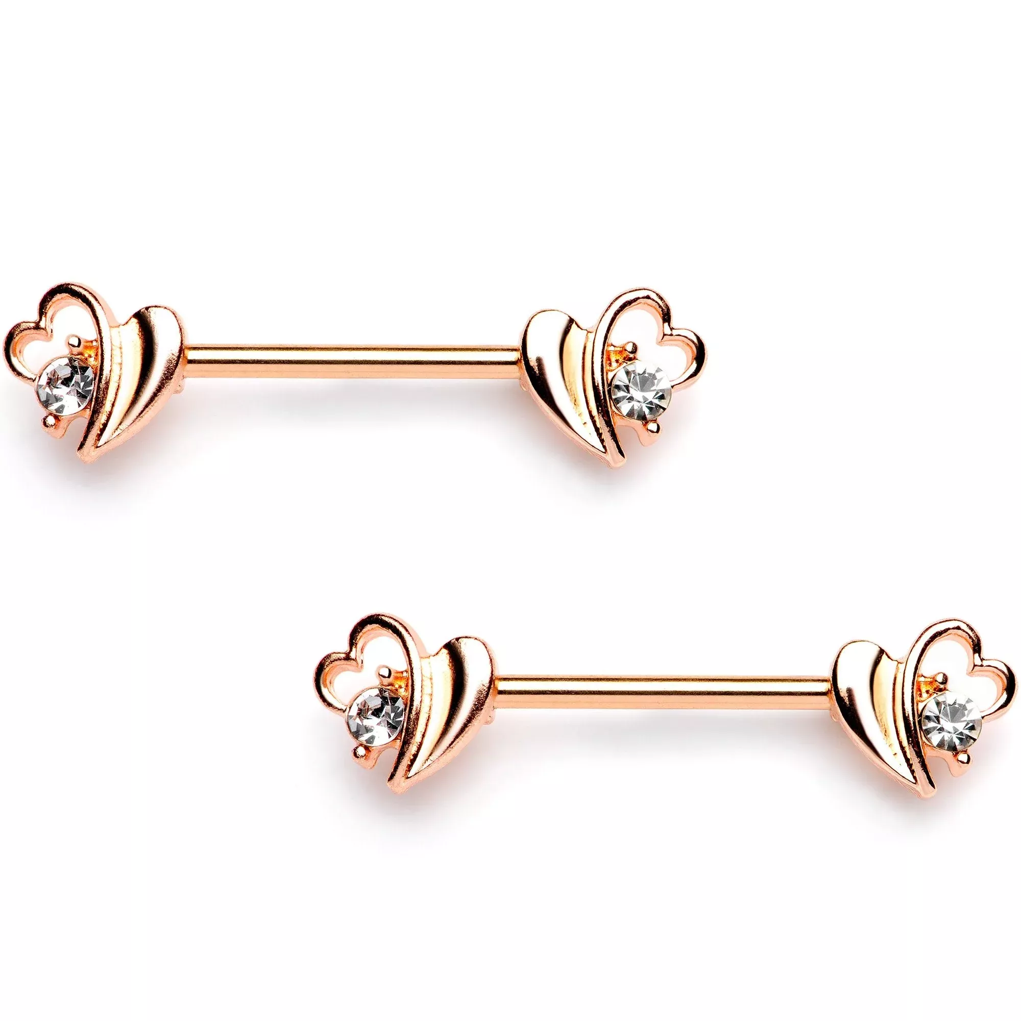 9 /16 Clear Gem Rose Gold Tone Love Wave Barbell Nipple Ring Set