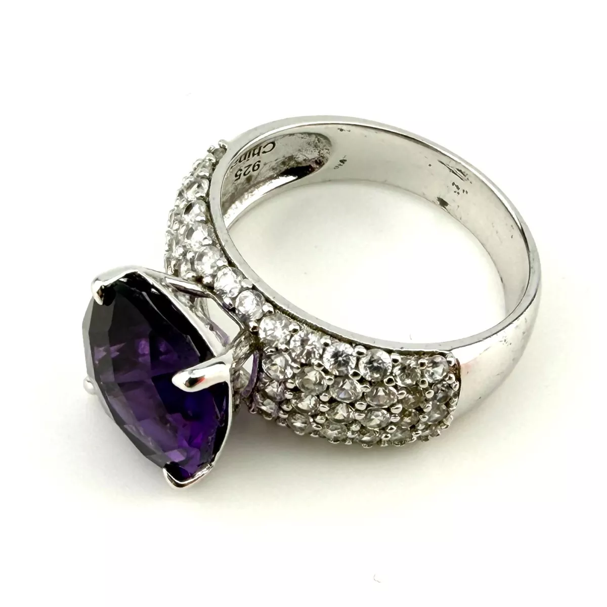 925 Silver Ring Purple Amethyst and White Zircon,Size 11