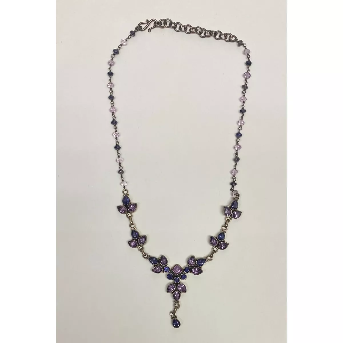 925 Sterling Silver Amethyst and Sapphires Drop Necklace - India