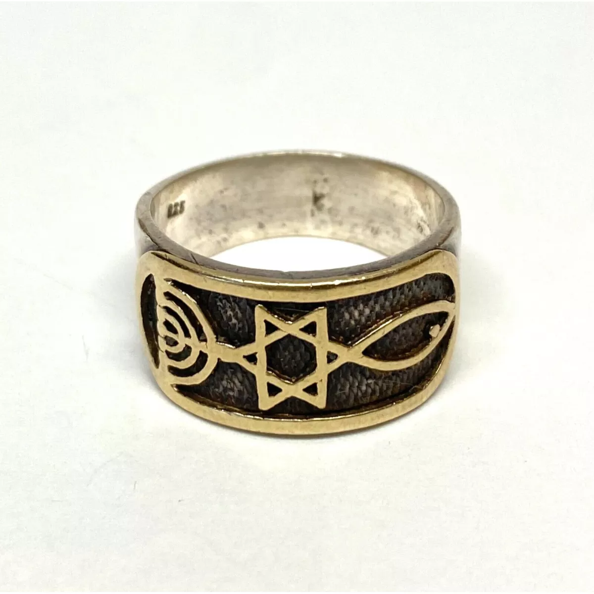 925 Sterling Silver And Gold Decorative Star of David Men's Ring