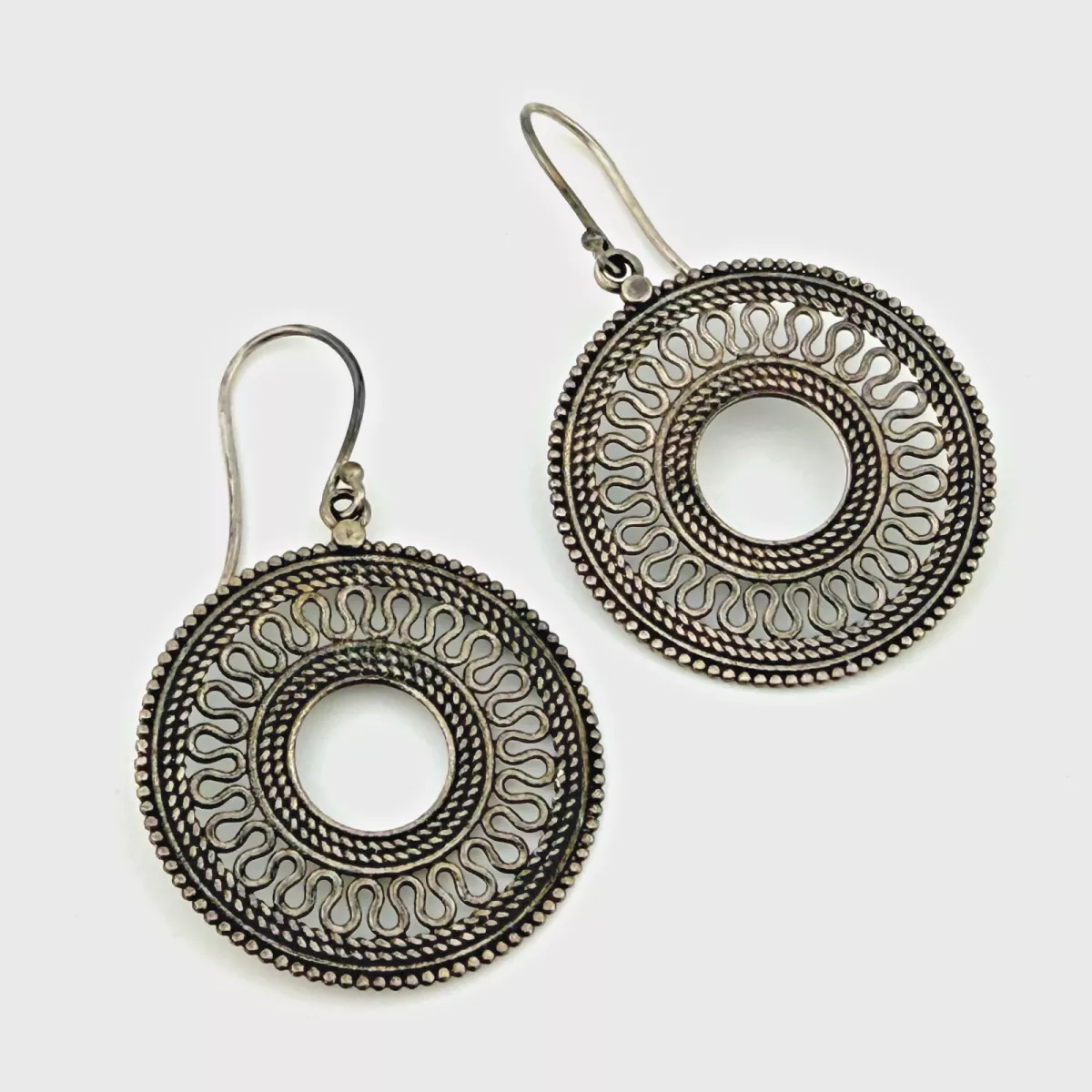 925 Sterling Silver PTI India Dangle Earrings Open-Circle Mandala Style