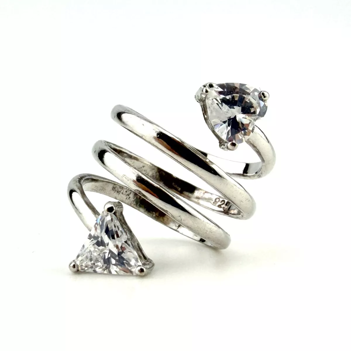 925 Sterling Silver Spiral Wrap Ring, 2 Triangular Cubic Zirconia Stones Size 5