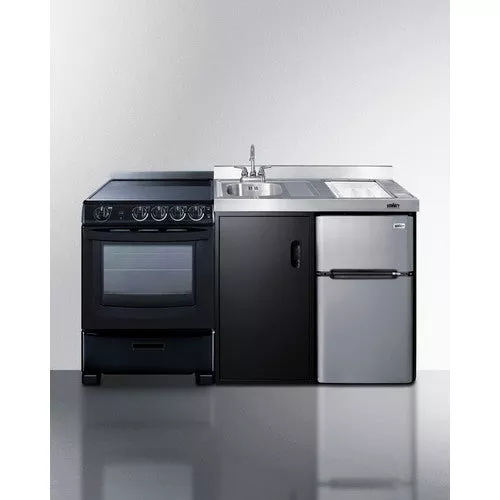 All-In-One Combination Kitchenette In Black With Refrigerator-Freezer, Sink, Storage Cabinet, And Stainlses Steel Gas Range - ACK63GASBSS Summit