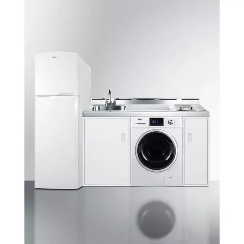All-In-One Combination Kitchenette With Full-Sized Refrigerator-Freezer, 115V Combo Washer/Dryer, Sink, Storage Cabinet, And 2-Burner Coil Cooktop - ACKSPWD86 Summit