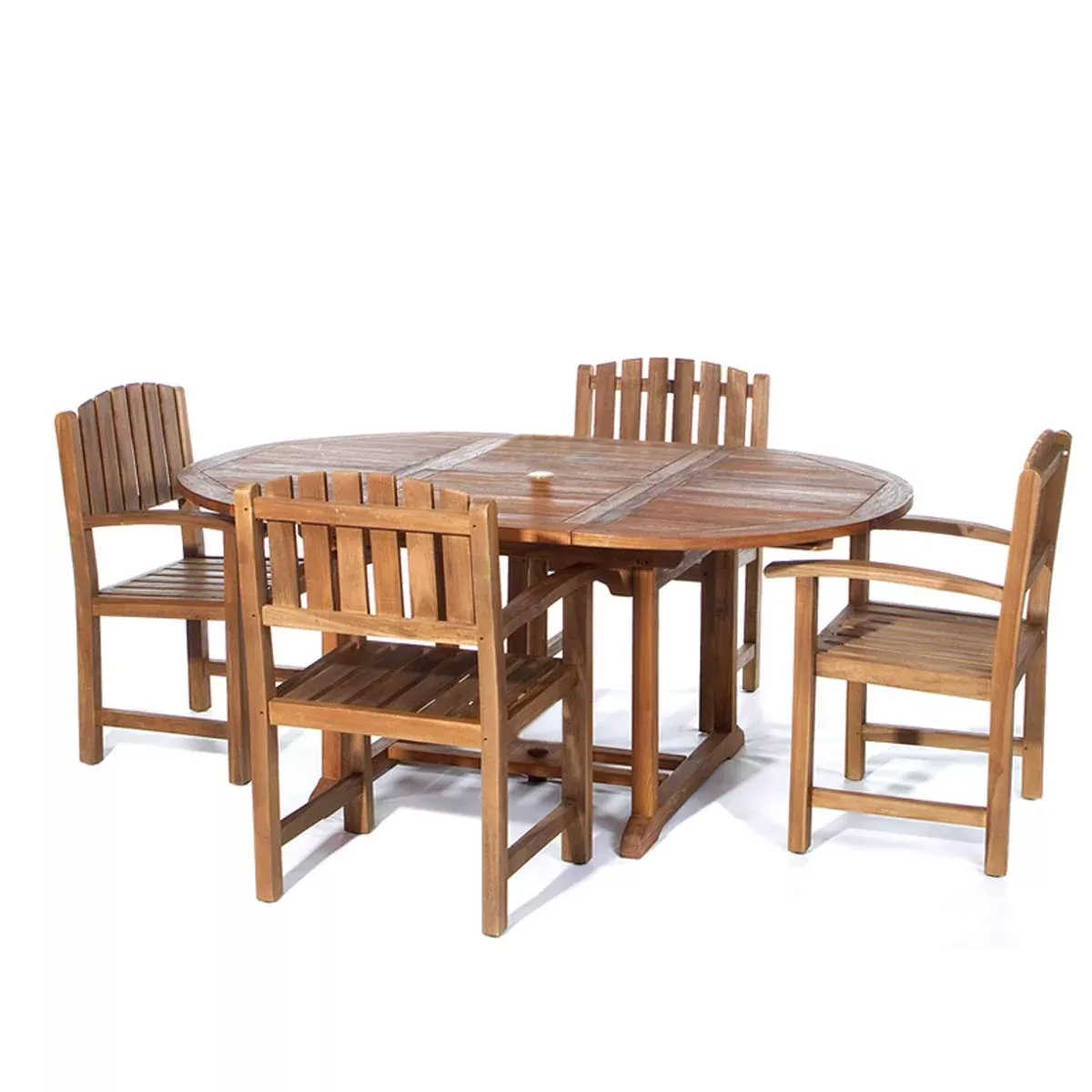All Things Cedar TE70-20-W 5-Piece Teak Oval Extension Patio - Table & 4 Folding Chairs Dining Set for Outdoor & Indoor Events | Built in Hide-Away Butterfly Extension Leaf | White Cushions