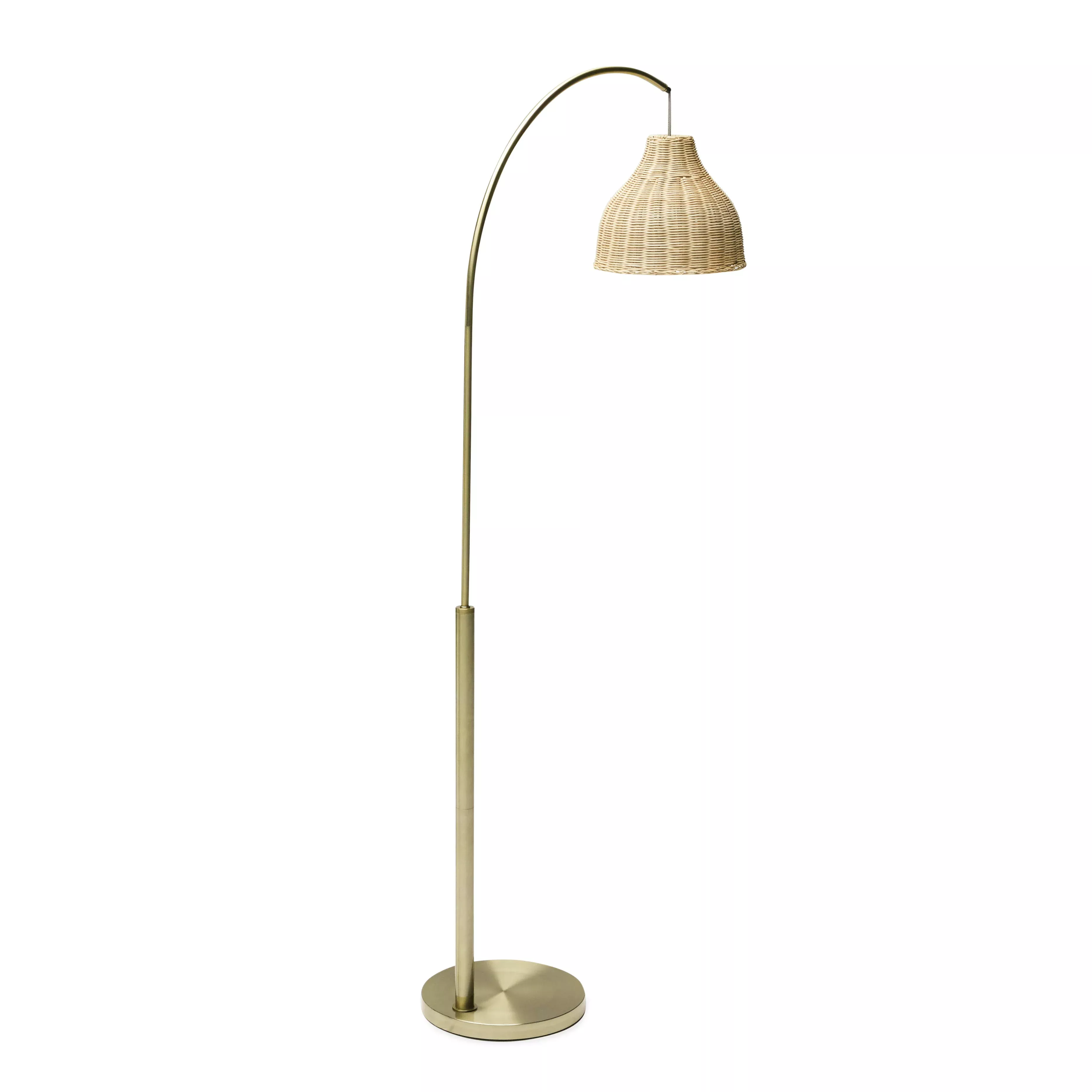 Arch Floor Lamp with Rattan Shade, Antique Brass