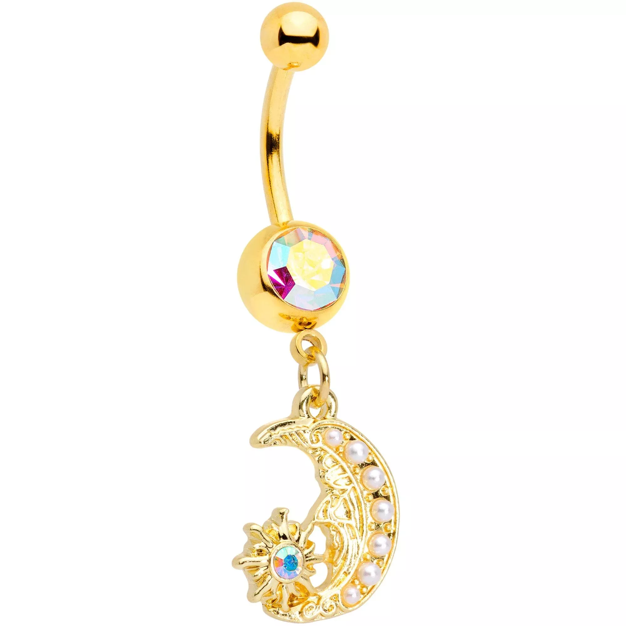 Aurora Gem Gold Tone Peaceful Night Star Moon Dangle Belly Ring
