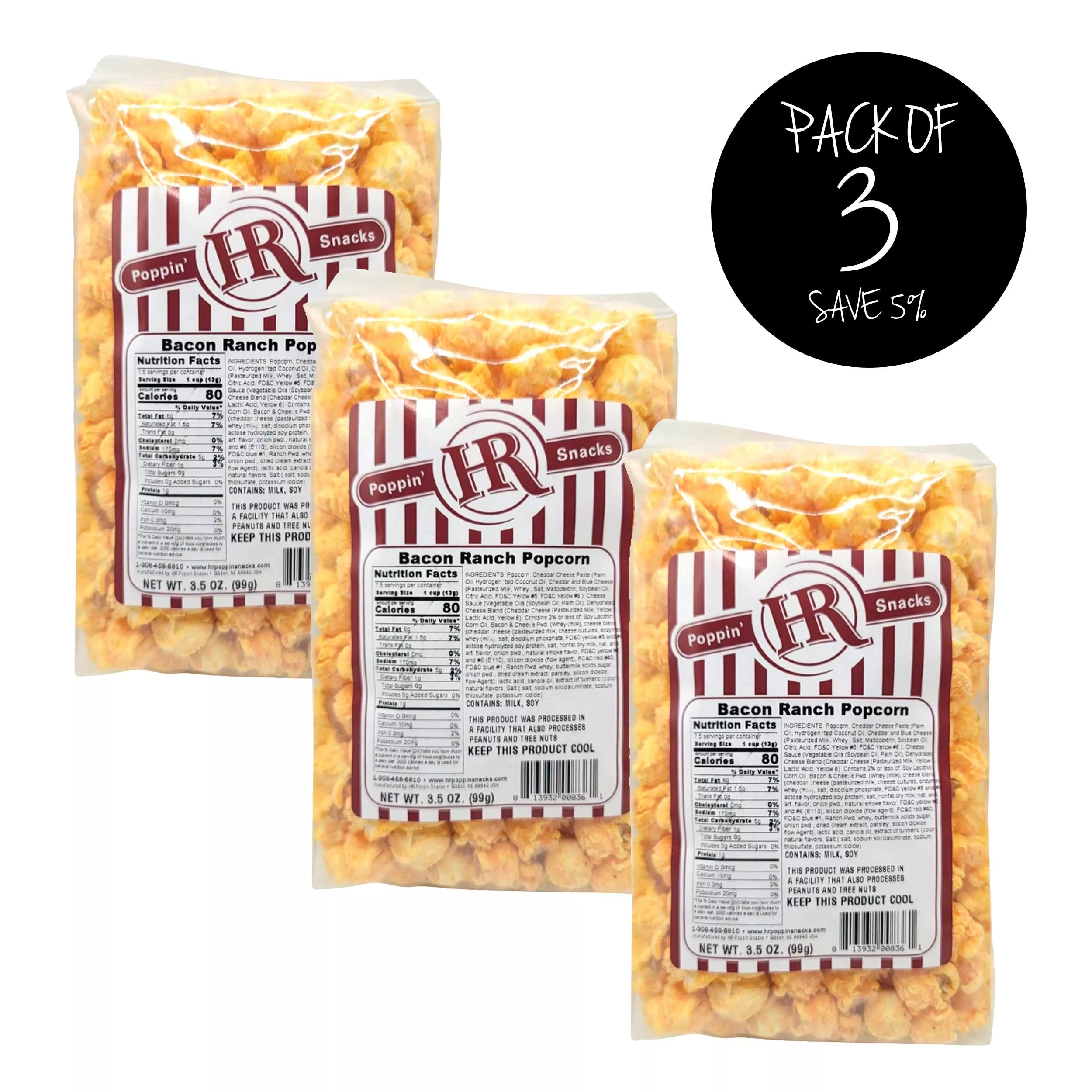 Bacon Ranch Popcorn | Pack of 3 | 3 oz | HR Poppin' Snacks