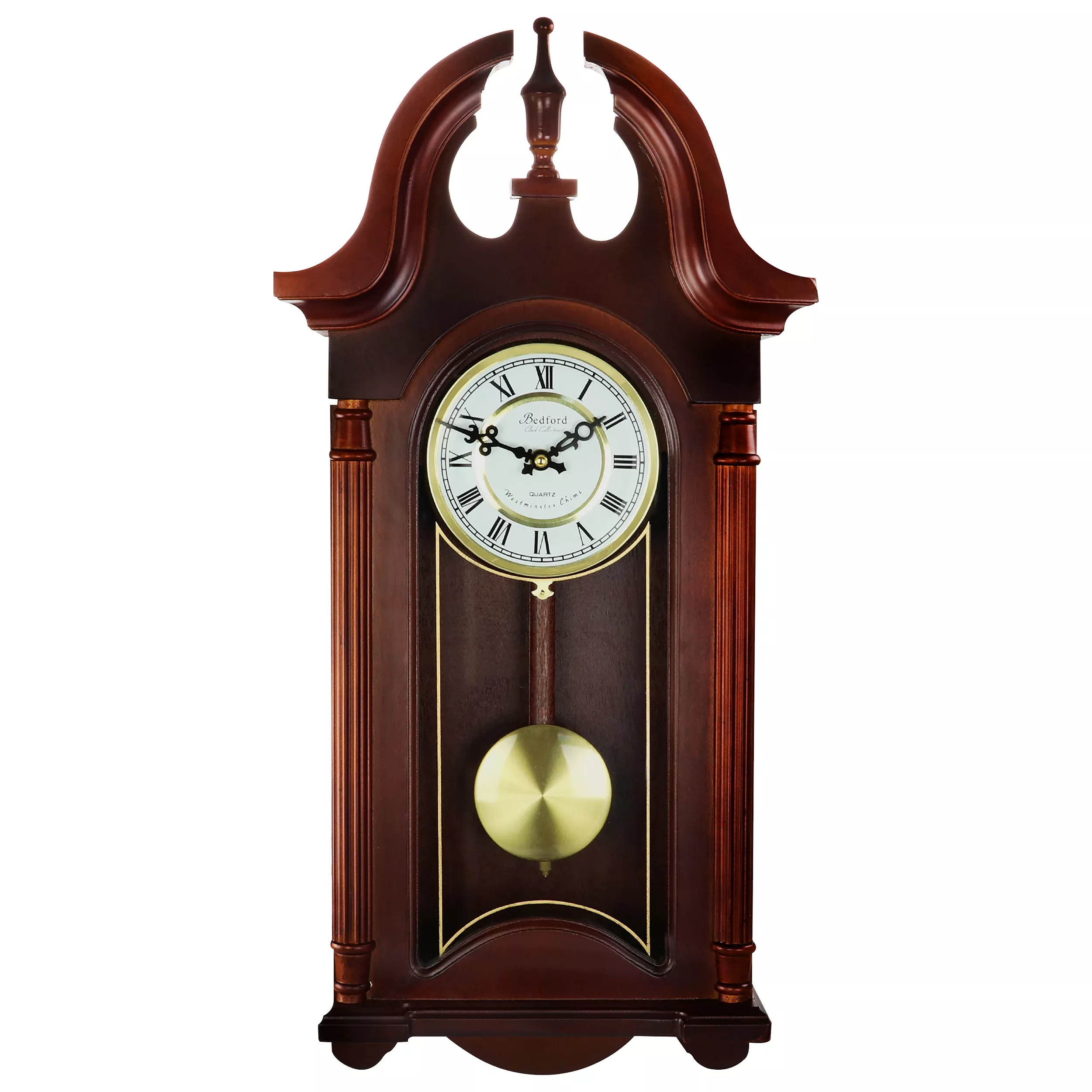Bedford Clock Collection26.5 Inch Chiming Pendulum Wall Clock in Colonial Mahogany Cherry Oak Finish