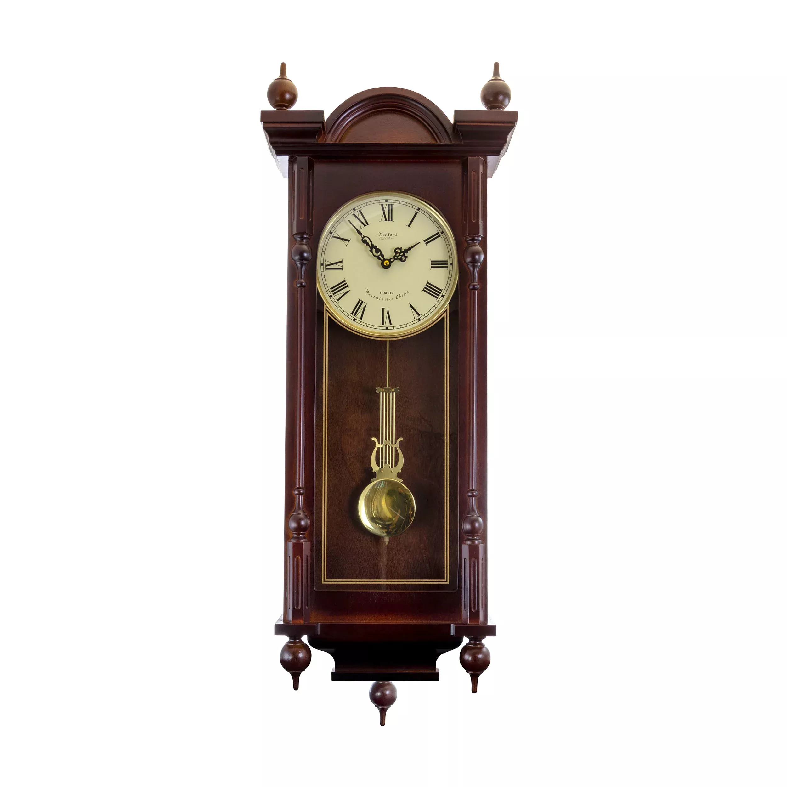Bedford Clock CollectionGrand 31 Inch Chiming Pendulum Wall Clock in Antique Mahogany Cherry Finish