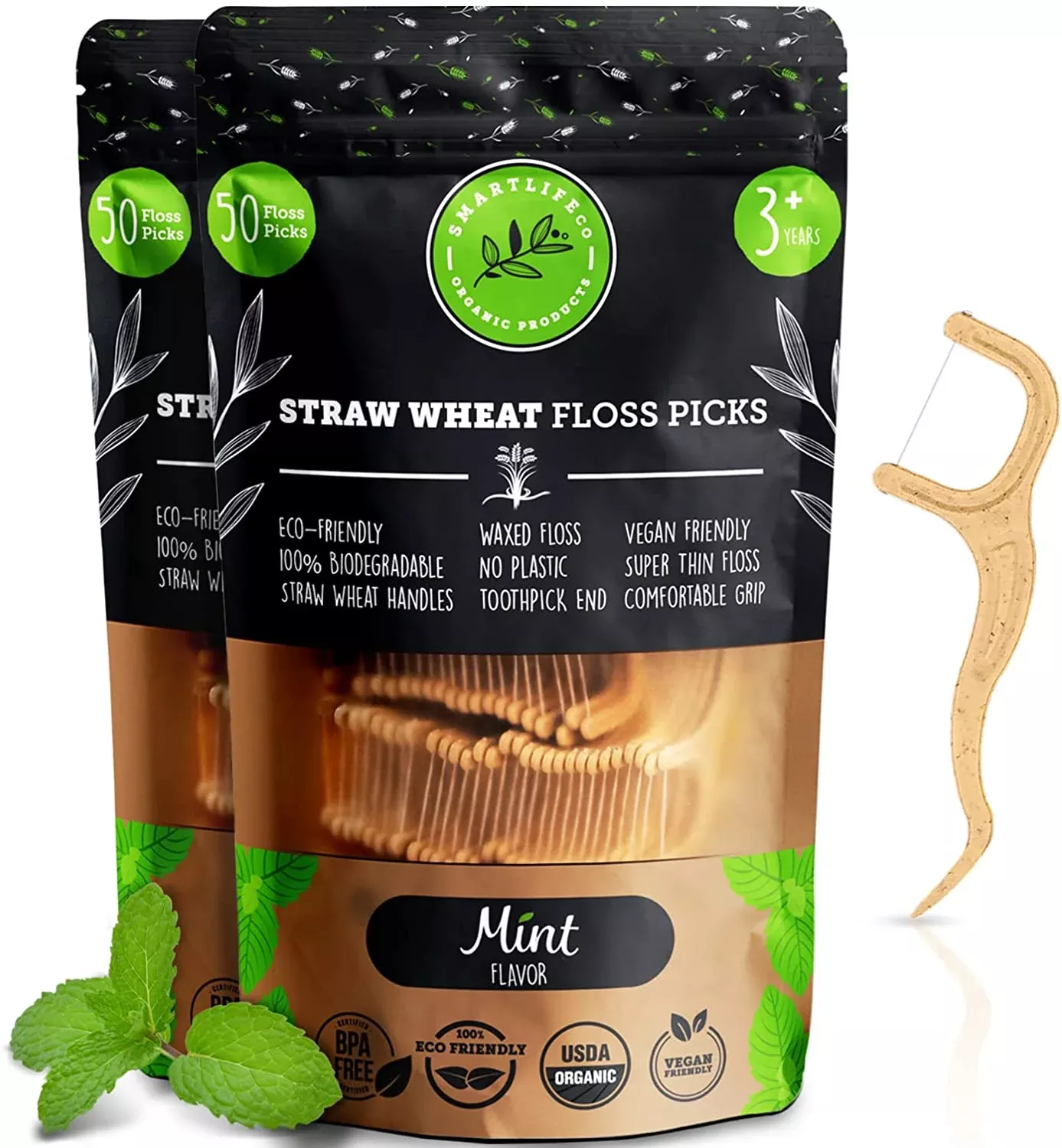 Biodegradable Dental Floss Picks, Natural Plastic Free Handle, Thin Thread Eco Friendly Zero Waste Vegan Oranic Tooth Flossers for Adults & Kids, 100, Mint