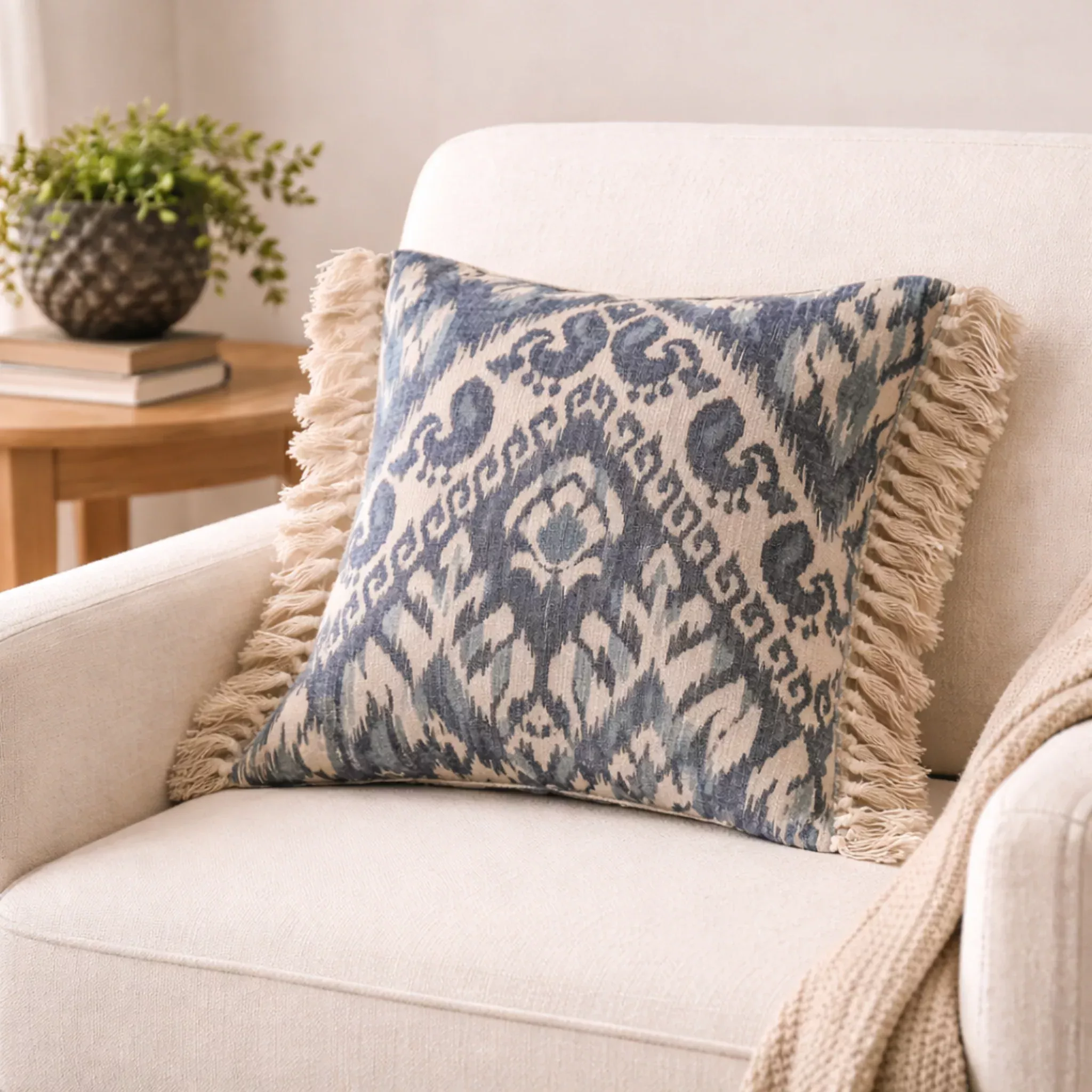 Blue Ikat Fringe Accent Pillow