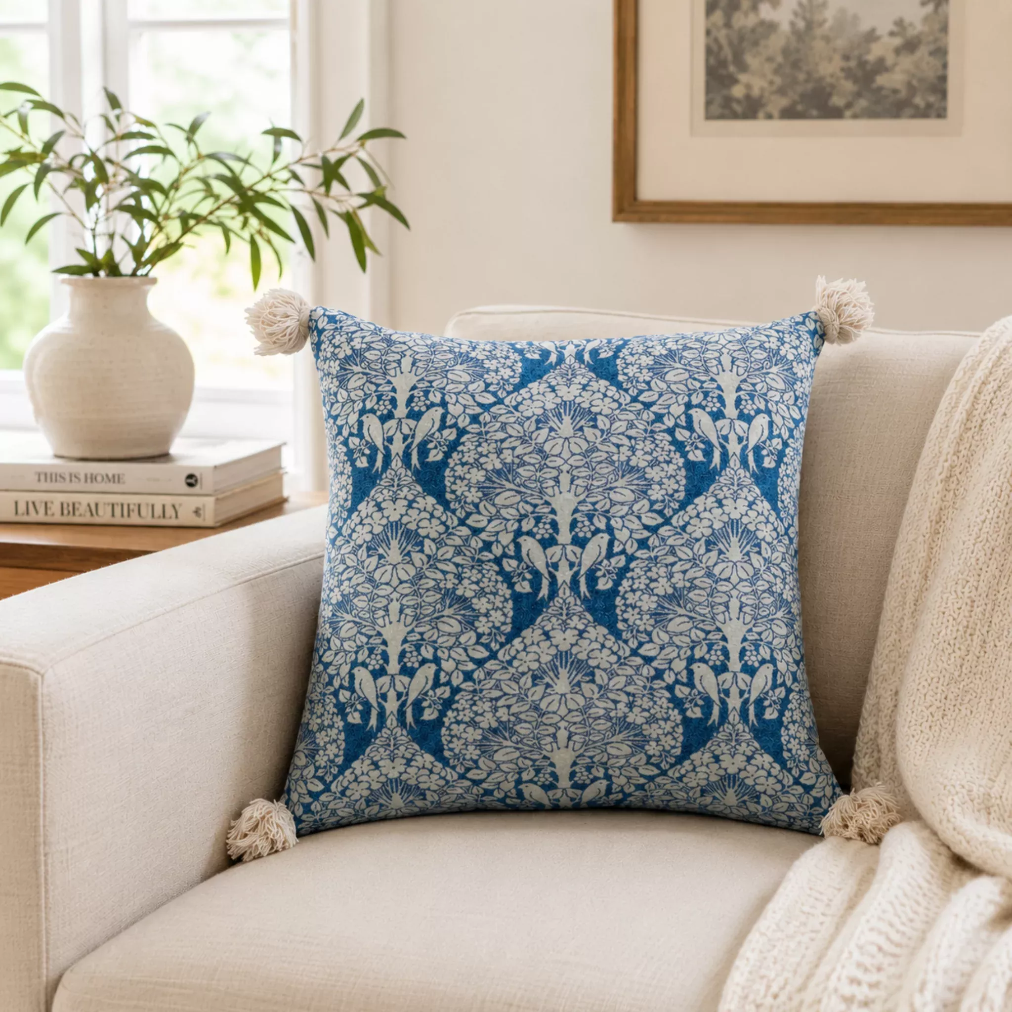 Blue & White Velvet Printed Pillow