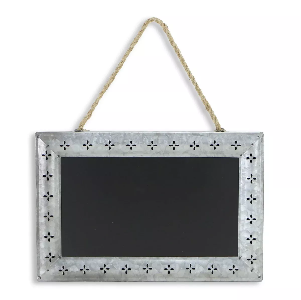 Cheung's FP-3597 Rectangular Chalk Board with Galvanized Metal Frame Featuring Cutout Petals and Hanging Rope, Silver, Black
