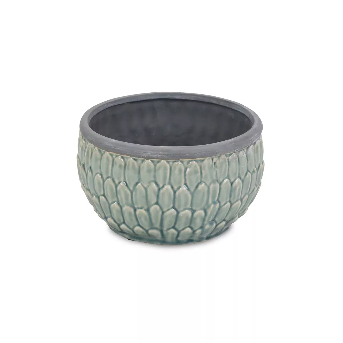Cheung's Round, Blue Pot with an Overlapping Leaf Pattern Ceramic Planter, 8" L x 8" W x 4.75" H