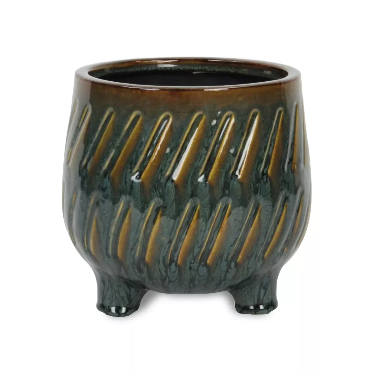Cheungs Astrona Raised Round Dual Band Diagonal Patterned Ceramic Pot- Large - Dark Copper