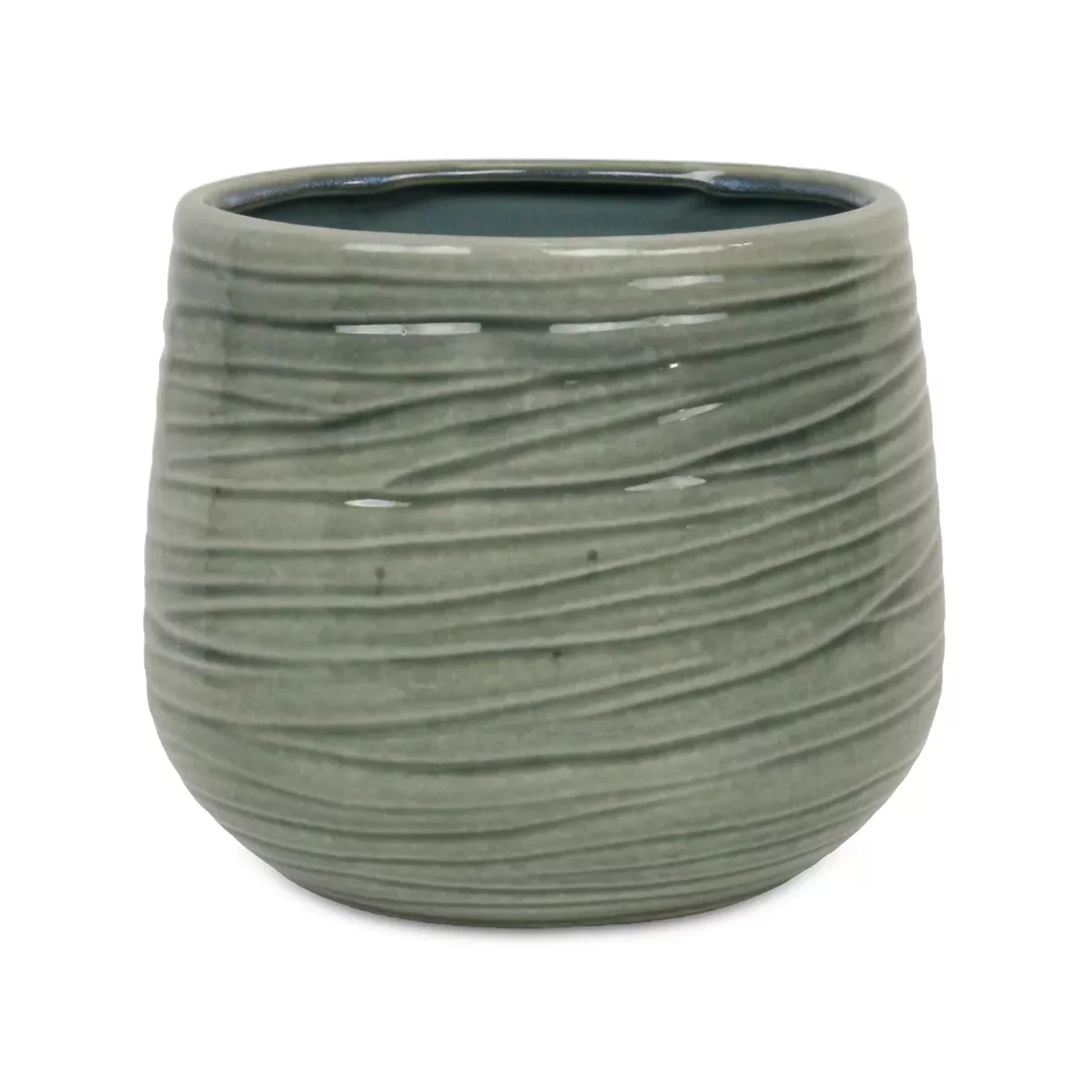 Cheungs Fairloam Round Curved Wave Lined Pattern Ceramic Pot- X-Large - Green
