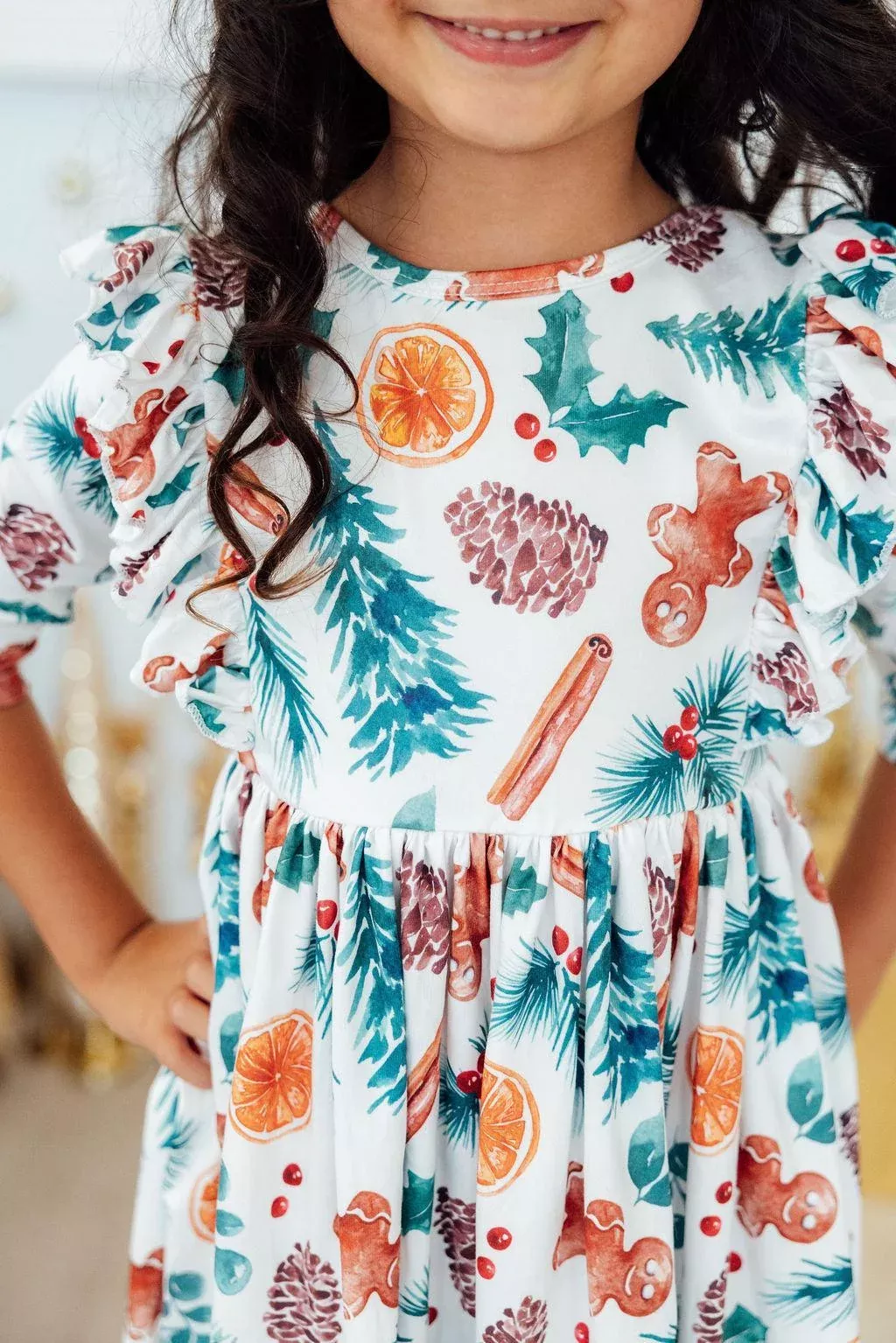 Classic Christmas 3 /4 Sleeve Ruffle Twirl Dress