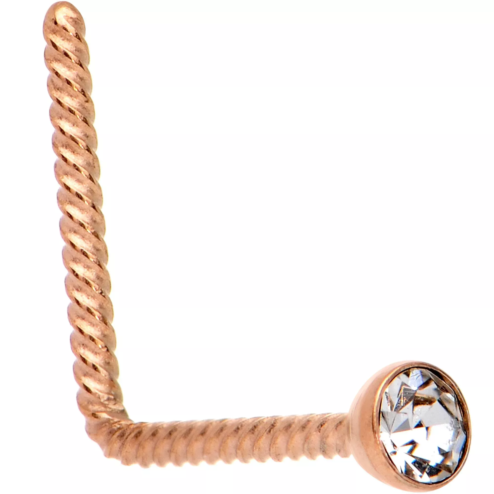 Clear 2mm Gem Inlay Rose Gold IP So Twisted L Shaped Nose Ring