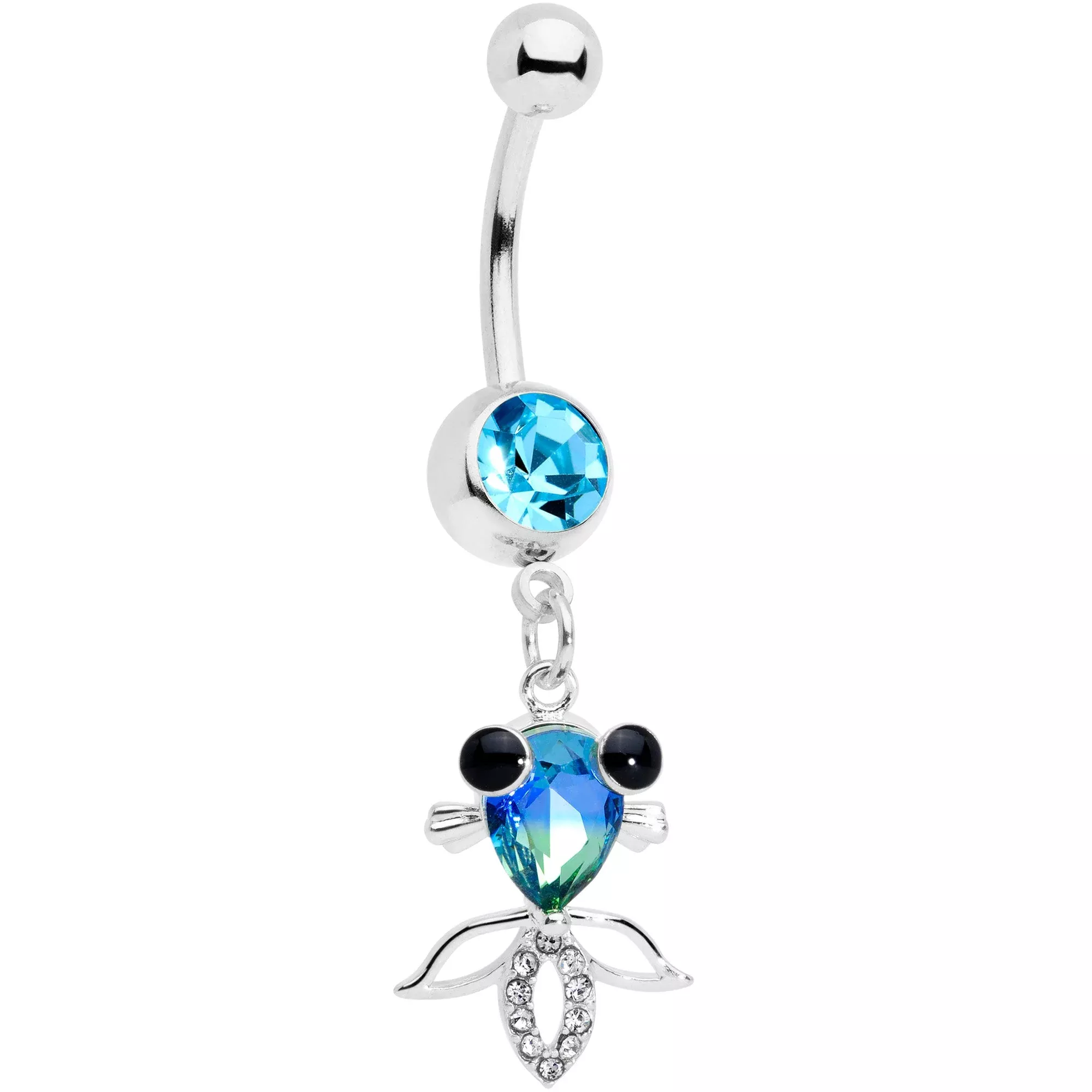 Clear Aqua Gem Happy Fish Dangle Belly Ring