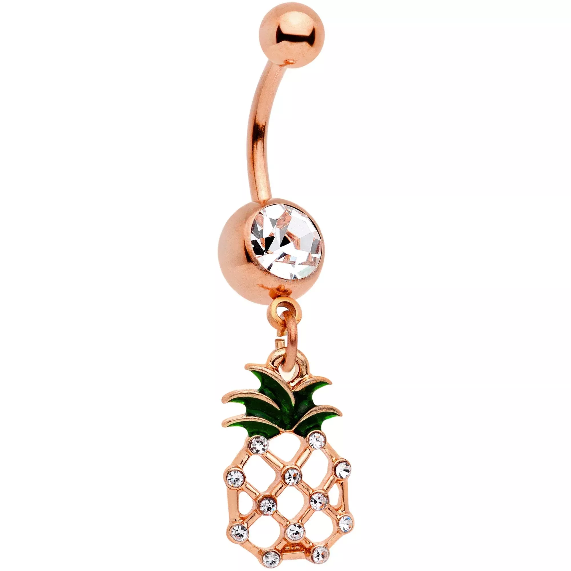 Clear Gem Rose Gold Tone Tropical Treat Pineapple Dangle Belly Ring