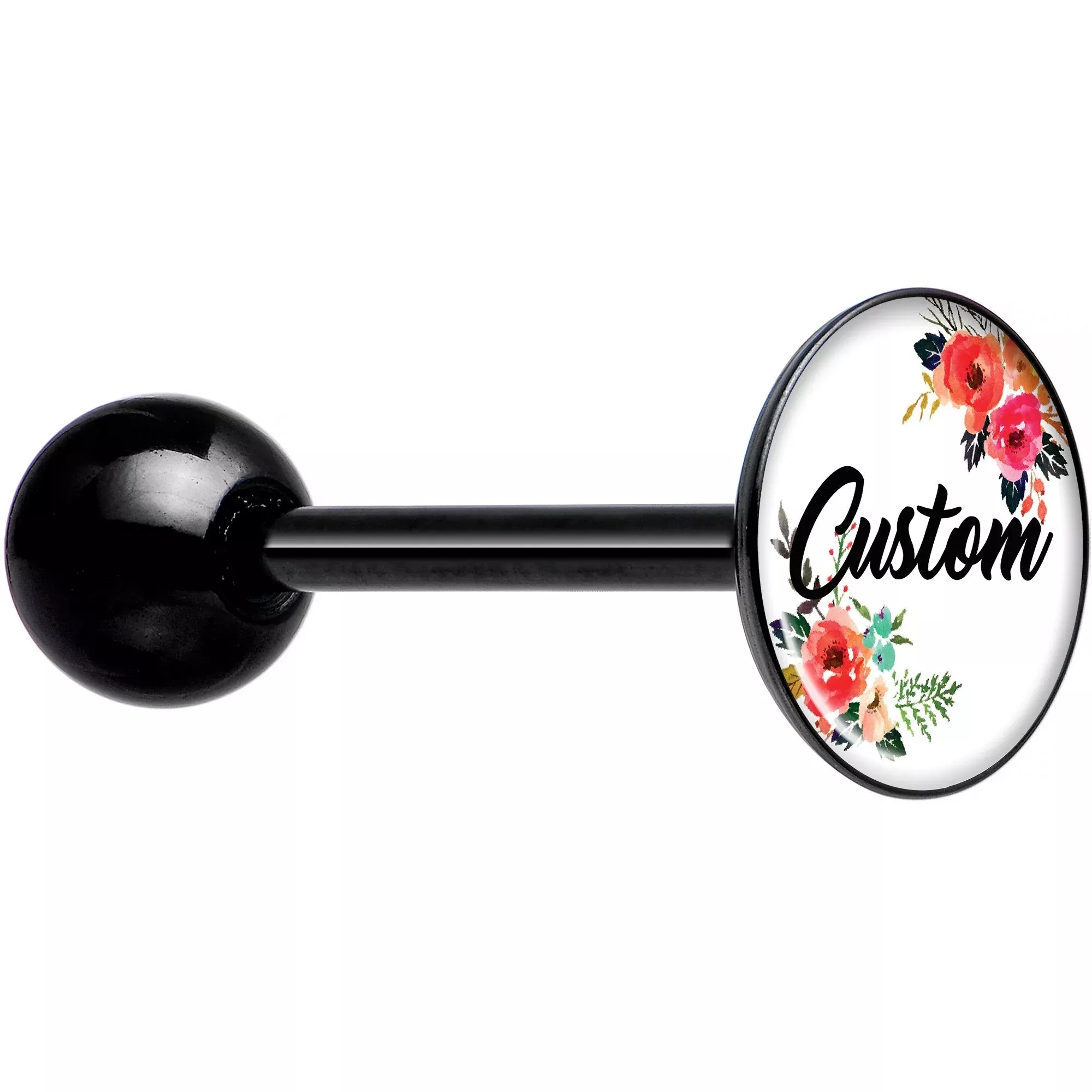 Custom Floral Personalized Name Black Barbell Tongue Ring