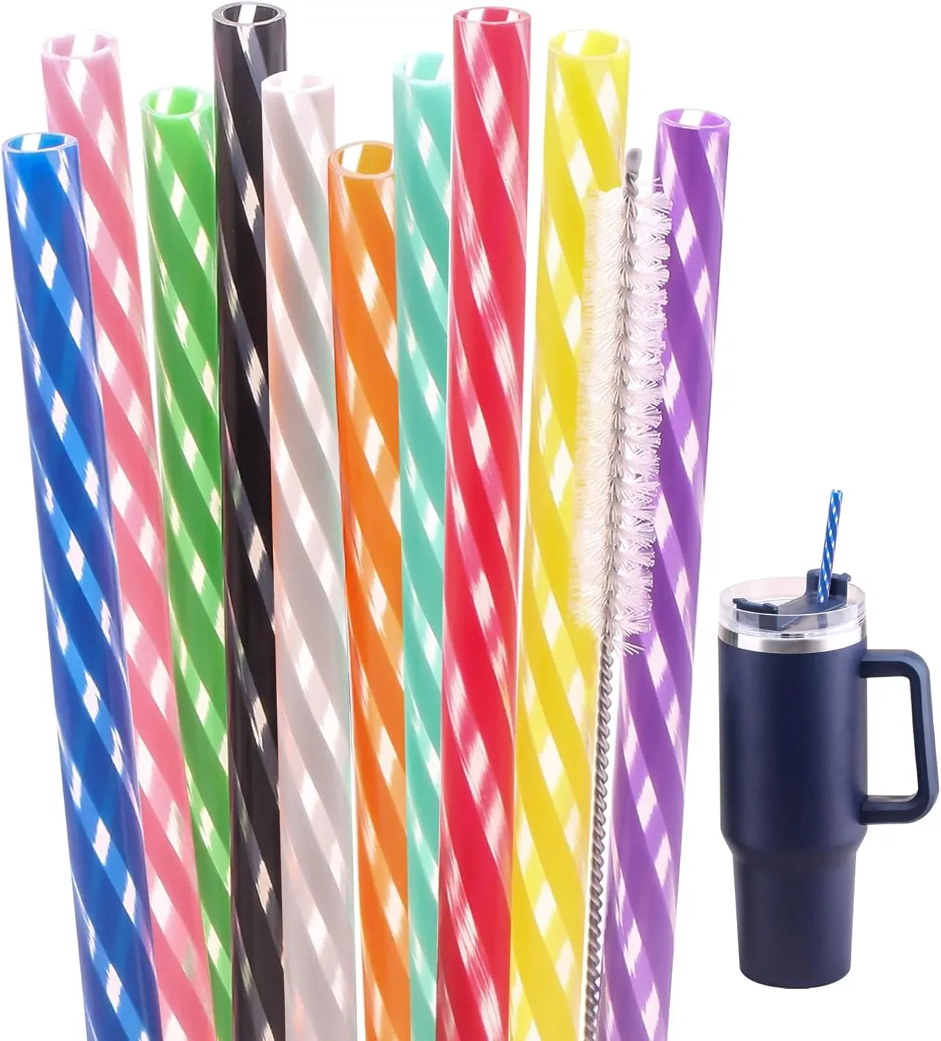 Dakoufish 14 Inch 10 Color Replacement Reusable Drinking Straw for Stanley 100 oz 64 oz 40 oz 30oz Tumbler,Dishwasher Safe Plastic Straws for Stanley Cup Accessories,Set of 10 with Cleaning Brush