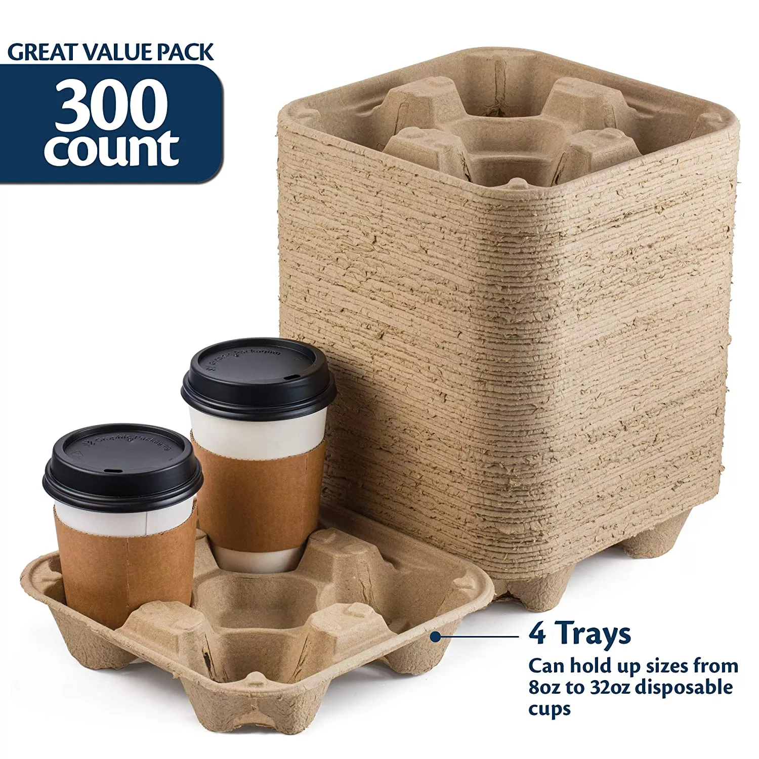 Drink Carrier Tray - Pulp Fiber Compostable Stackable Ecofriendly, 300 Pack