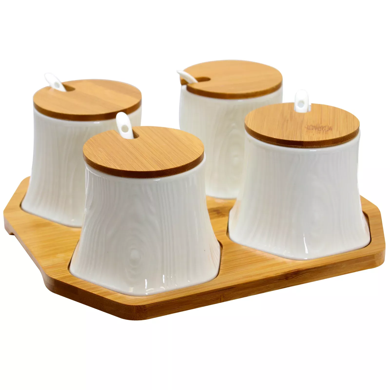 ElamaCeramic Spice, Jam and Salsa Jars with Bamboo Lids & Serving Spoons