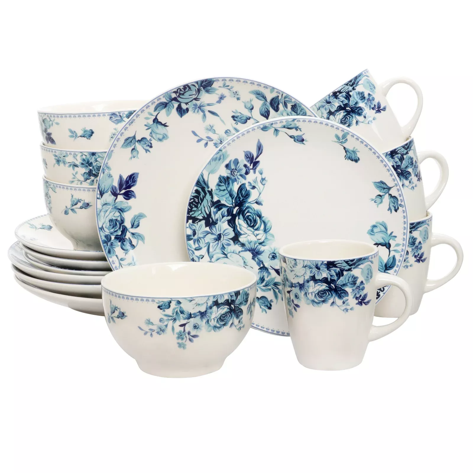 ElamaTraditional Blue Rose 16 Piece Dinnerware Set