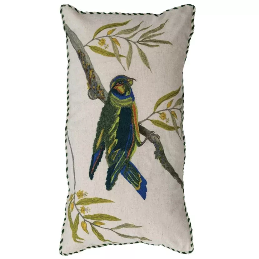 Embroidered Cotton Bird Lumbar Pillow - 24" x 12"