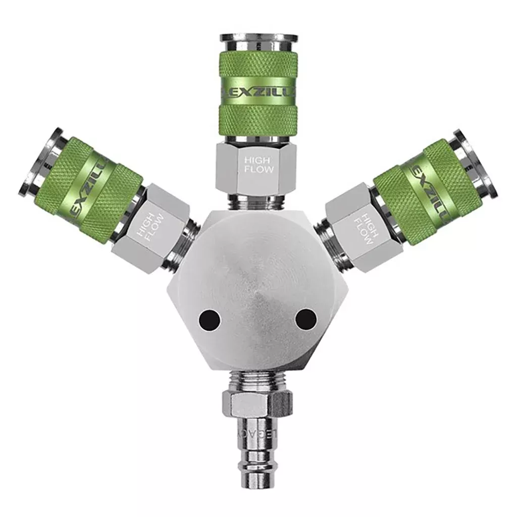 Flexzilla Pro High Flow 3-way Manifold 3/8" Npt Includes High Flow Couplers And Plug Zillagreen™