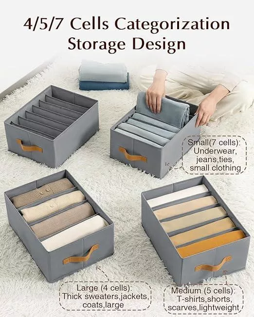 Foldable Clothes Storage Bags, Set of 4, Polypropylene Board, Gray, for Organizing Bedroom, Closet, Clothing, Comforters (9 Grid)