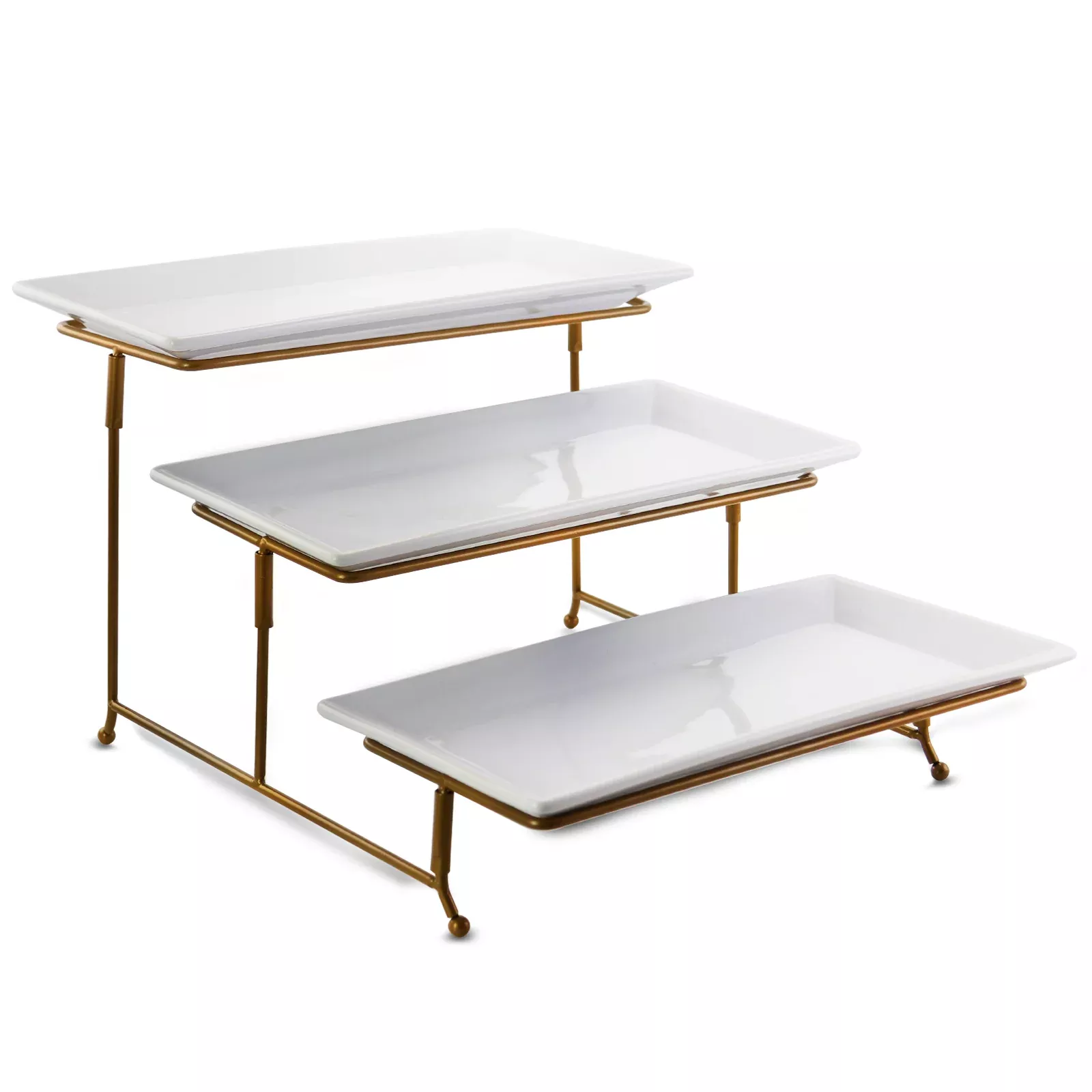 Gibson EliteGracious Dining 3 Tiered Rectangle Porcelain Plate Set with Gold Metal Stand