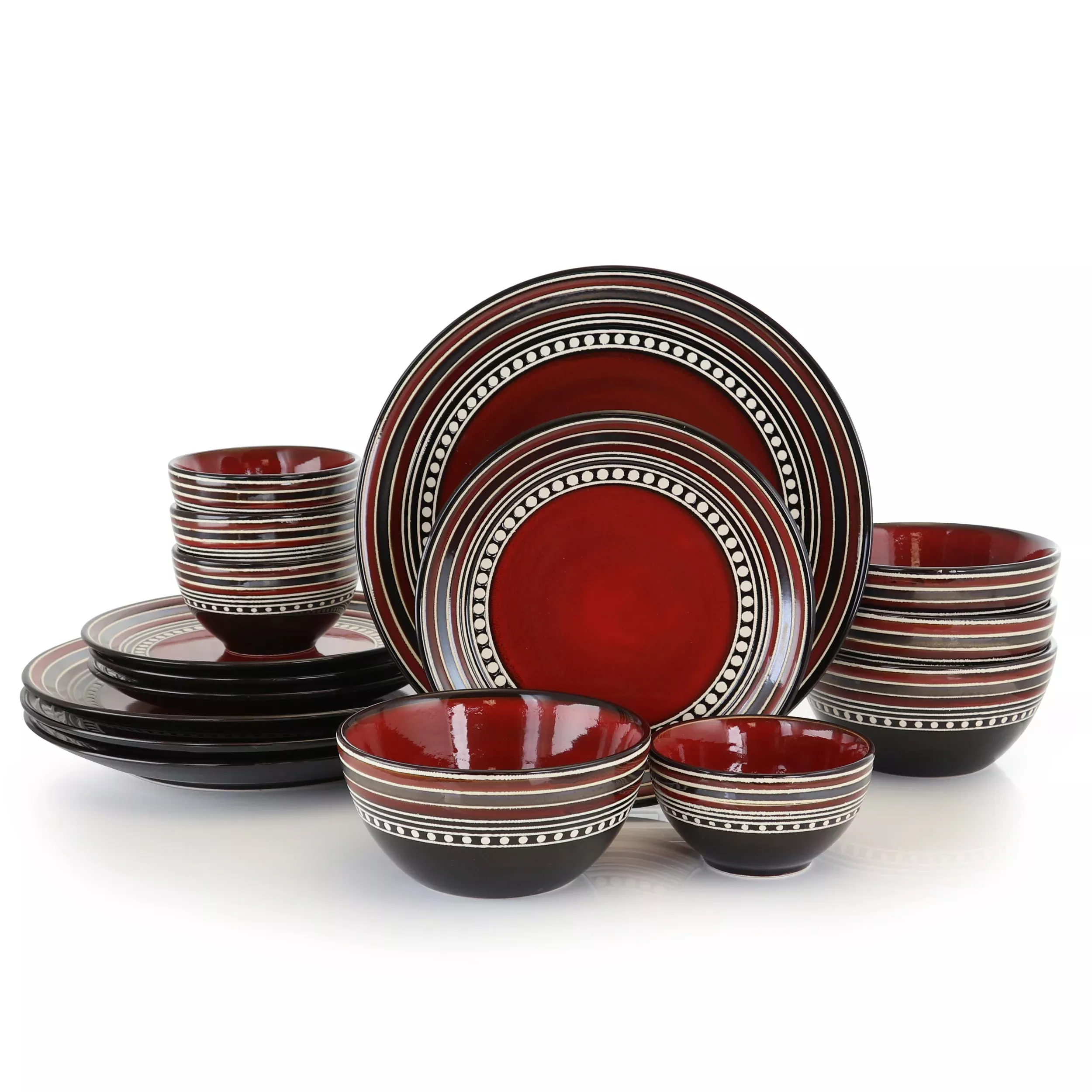 GibsonElite Café Versailles 16 Piece Double Bowl Dinnerware Set - Red