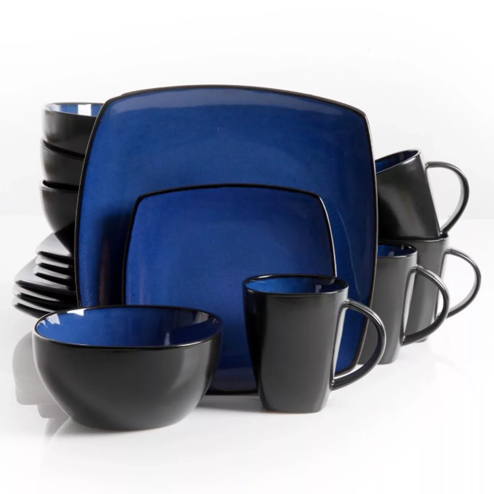 GibsonSoho Lounge 16 Piece Square Stoneware Dinnerware Set in Blue and Black