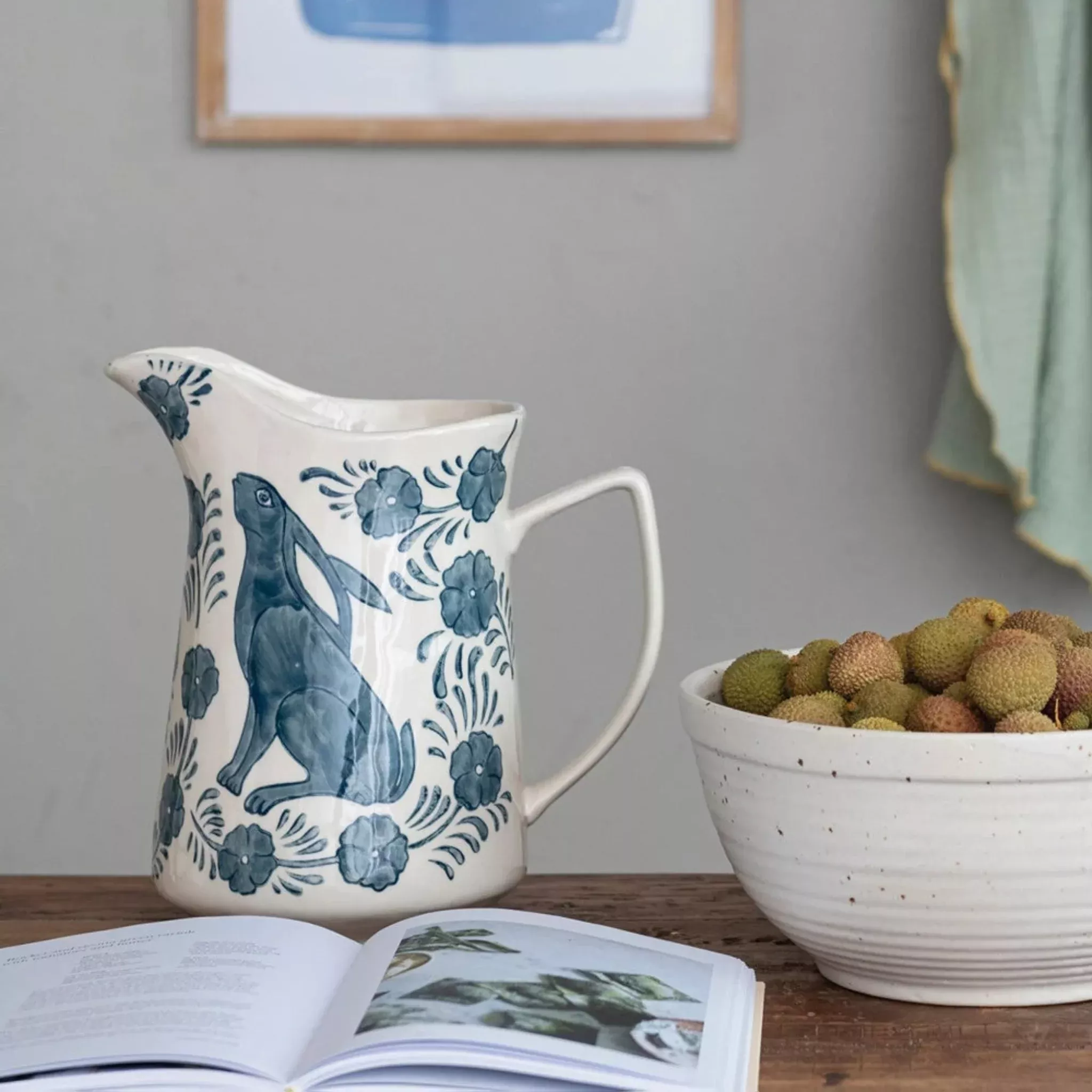 Hand Painted Rabbit & Flowers Stoneware Pitcher