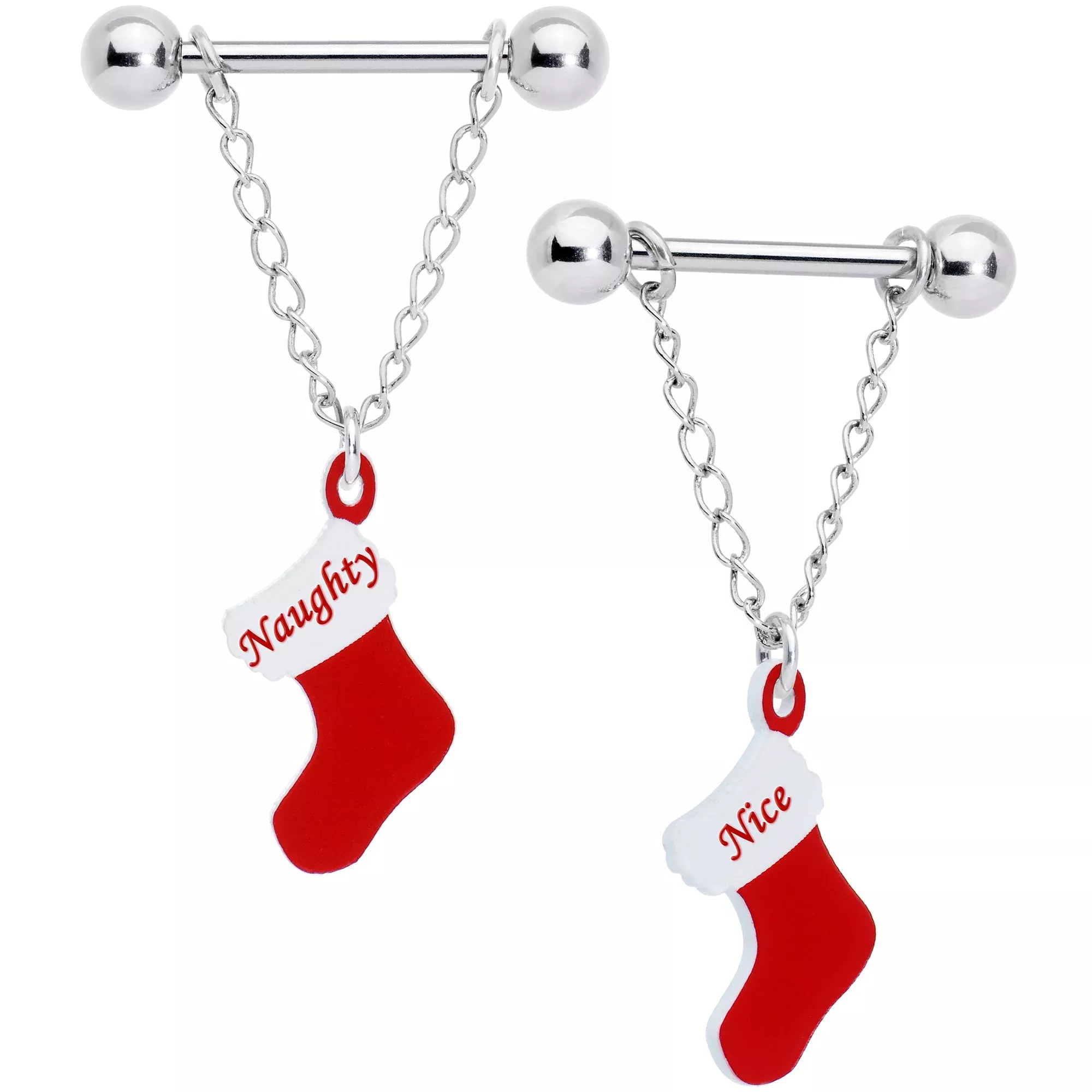Handmade 14G 5 /8 Naughty Nice Christmas Stocking Nipple Ring Set