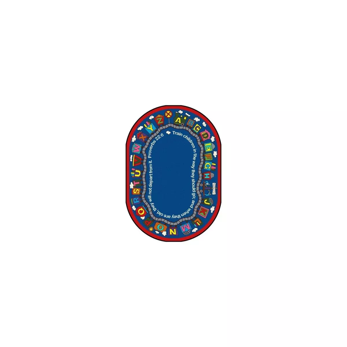 Joy Carpets Kid Essentials Inspirational Bible Train Area Rug, Multicolored, 5'4" x 7'8" Oval