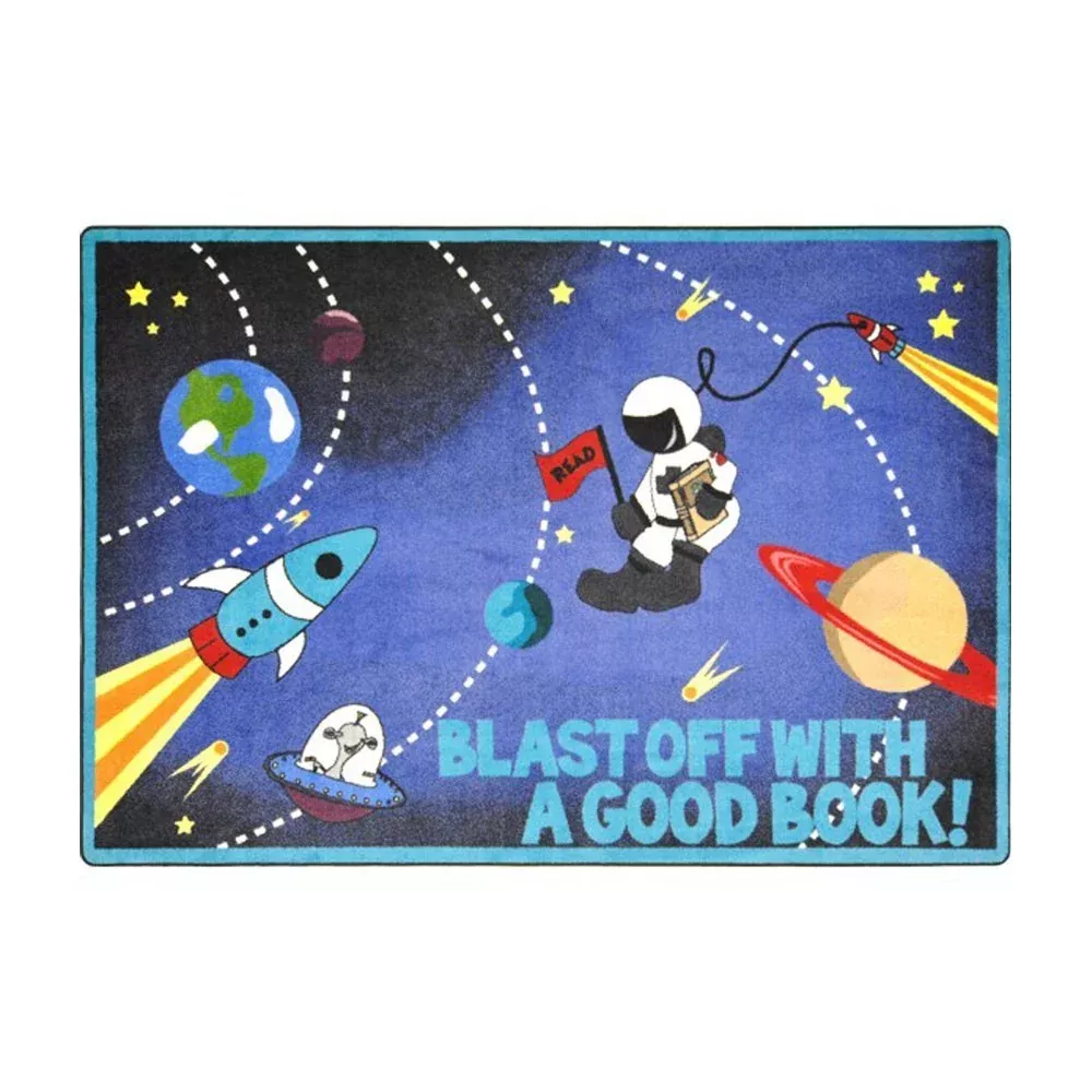 Joy Carpets Kid Essentials Language & Literacy Blast Off with A Good Book Rug, Multicolored, 5'4" x 7'8"