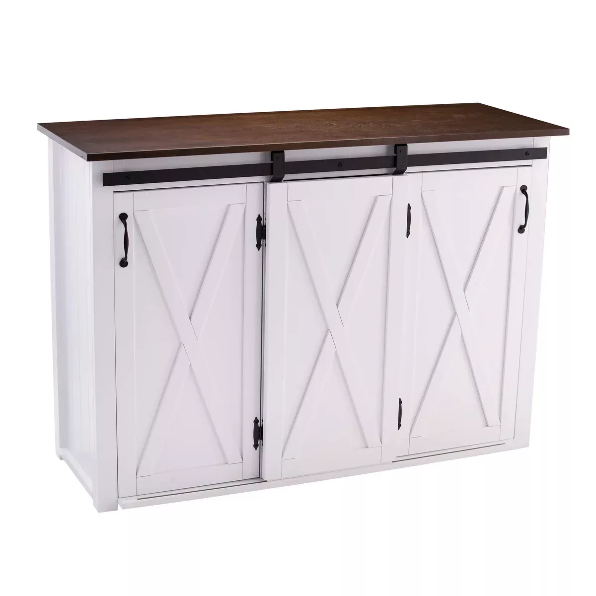 Leshire Barn-Door Kitchen Island, Dark Brown and White