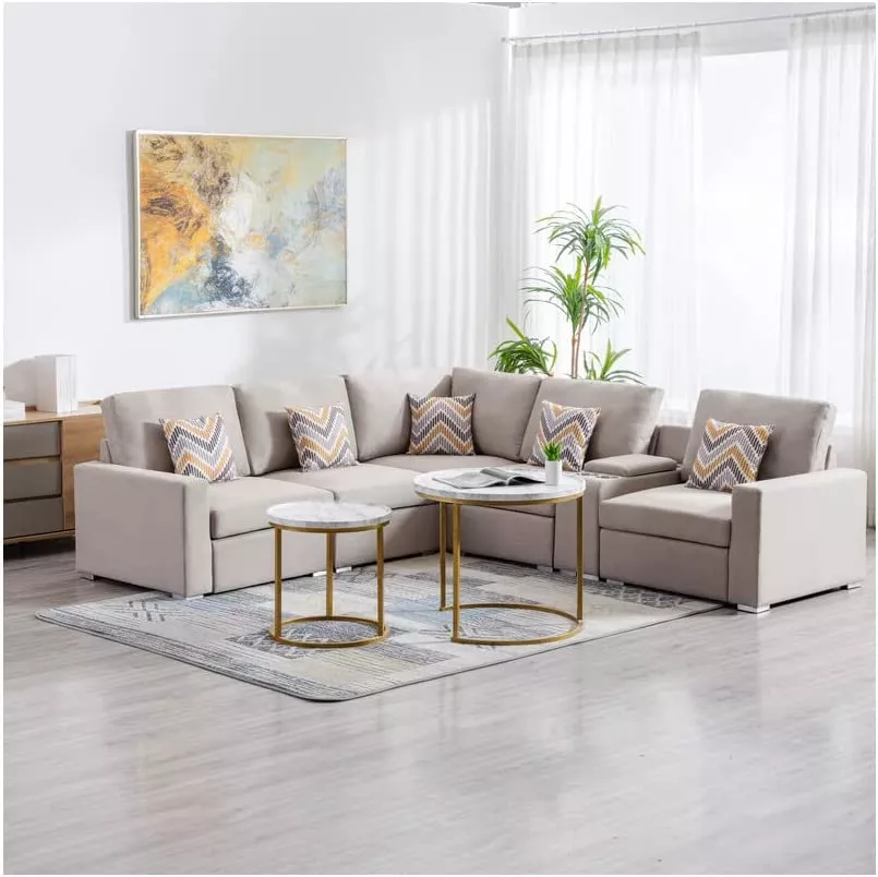 Lilola Home Nolan Linen Fabric 6Pc Reversible Sectional Sofa with a USB, Charging Ports, Cupholders, Storage Console Table and Pillows and Interchangeable Legs